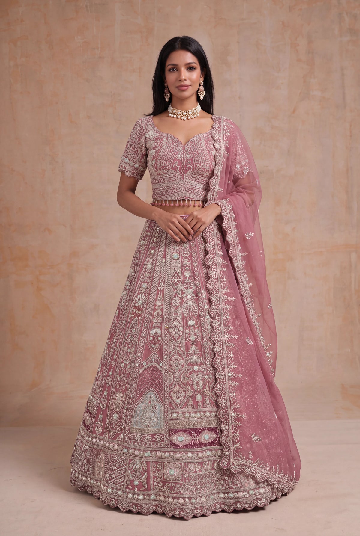 Dusty Rose Raw Silk Lehenga - Mokshaa