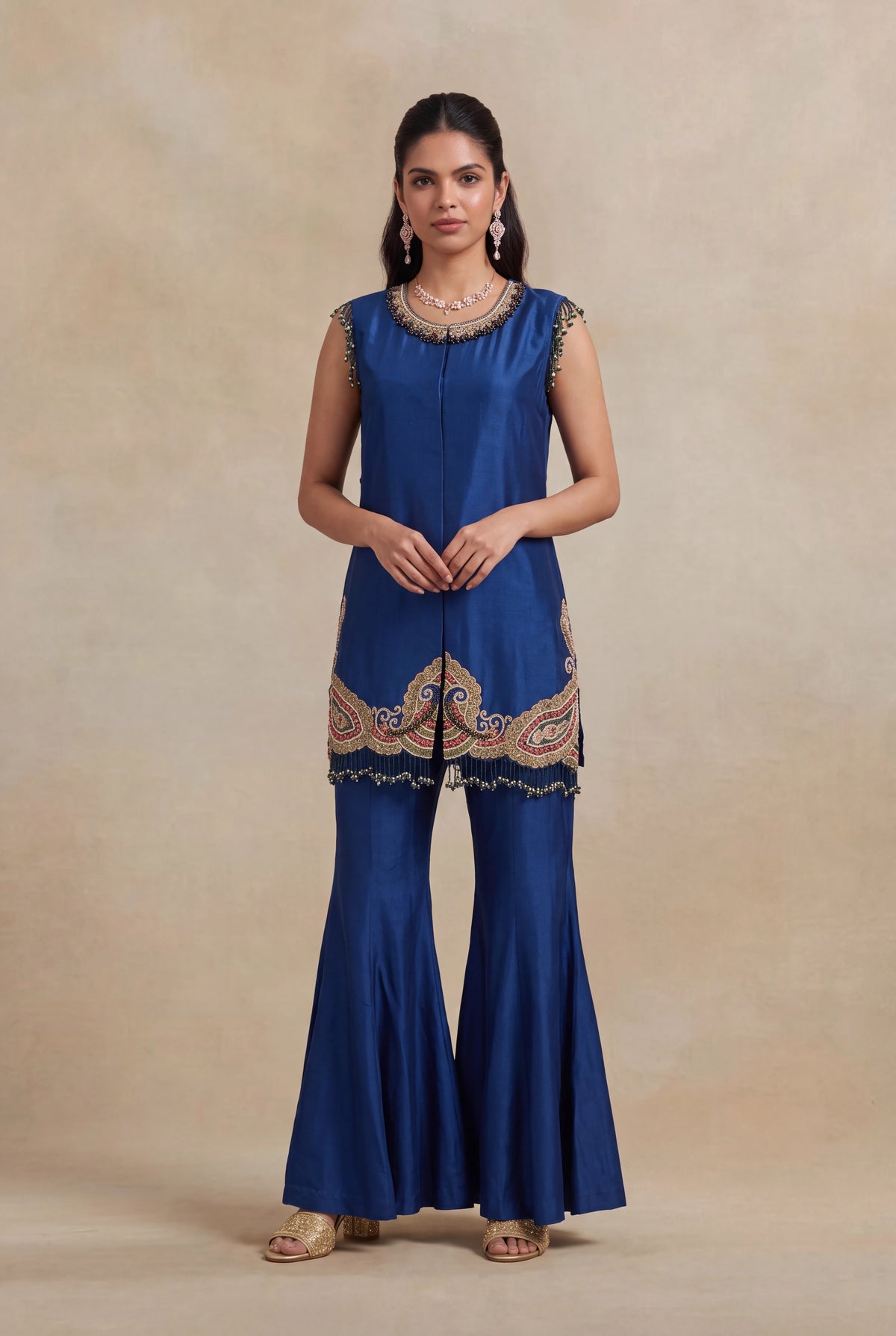 Royal Blue Raw Silk Indo-Western Set with Zardosi Work - Mokshaa