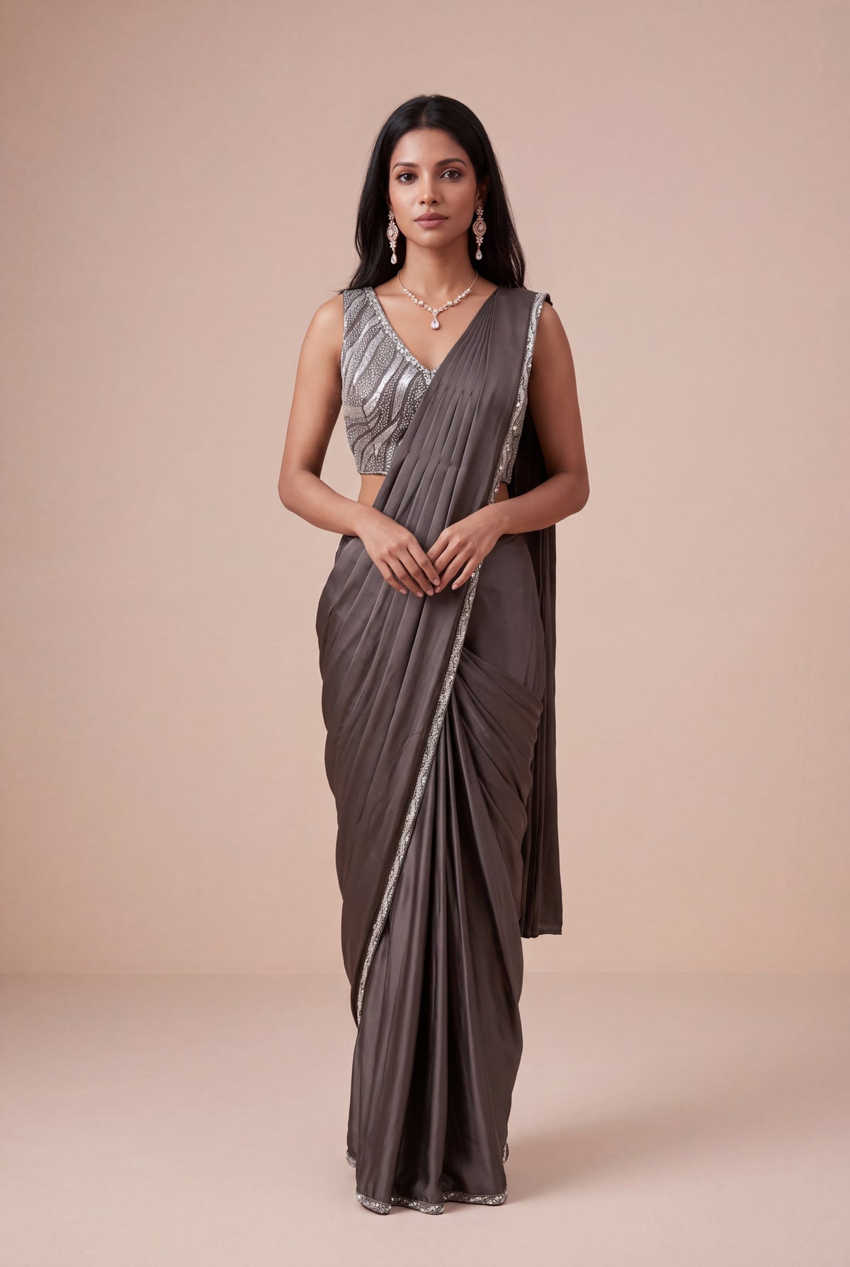 Charcoal Grey Satin Silk Pre-Draped Saree - Mokshaa