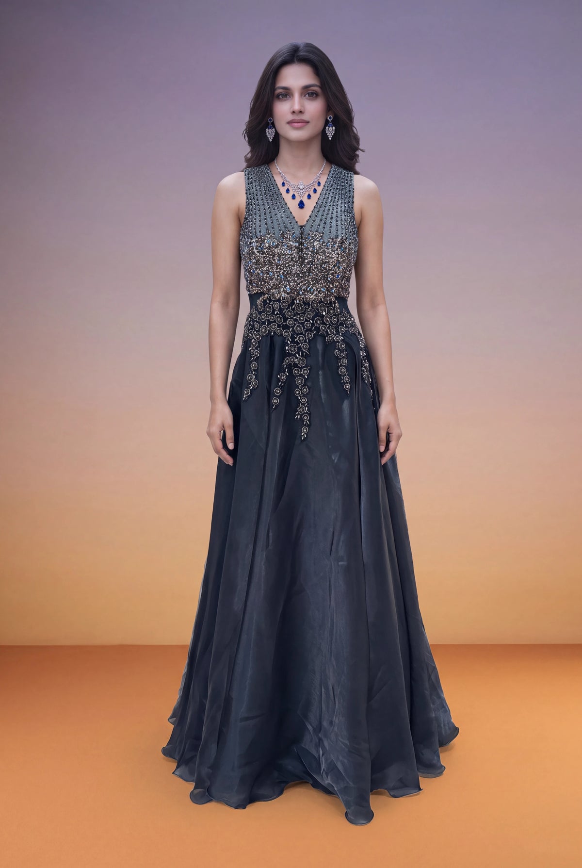 Slate Blue Organza Gown with Sequin & Cutdana Work - Mokshaa