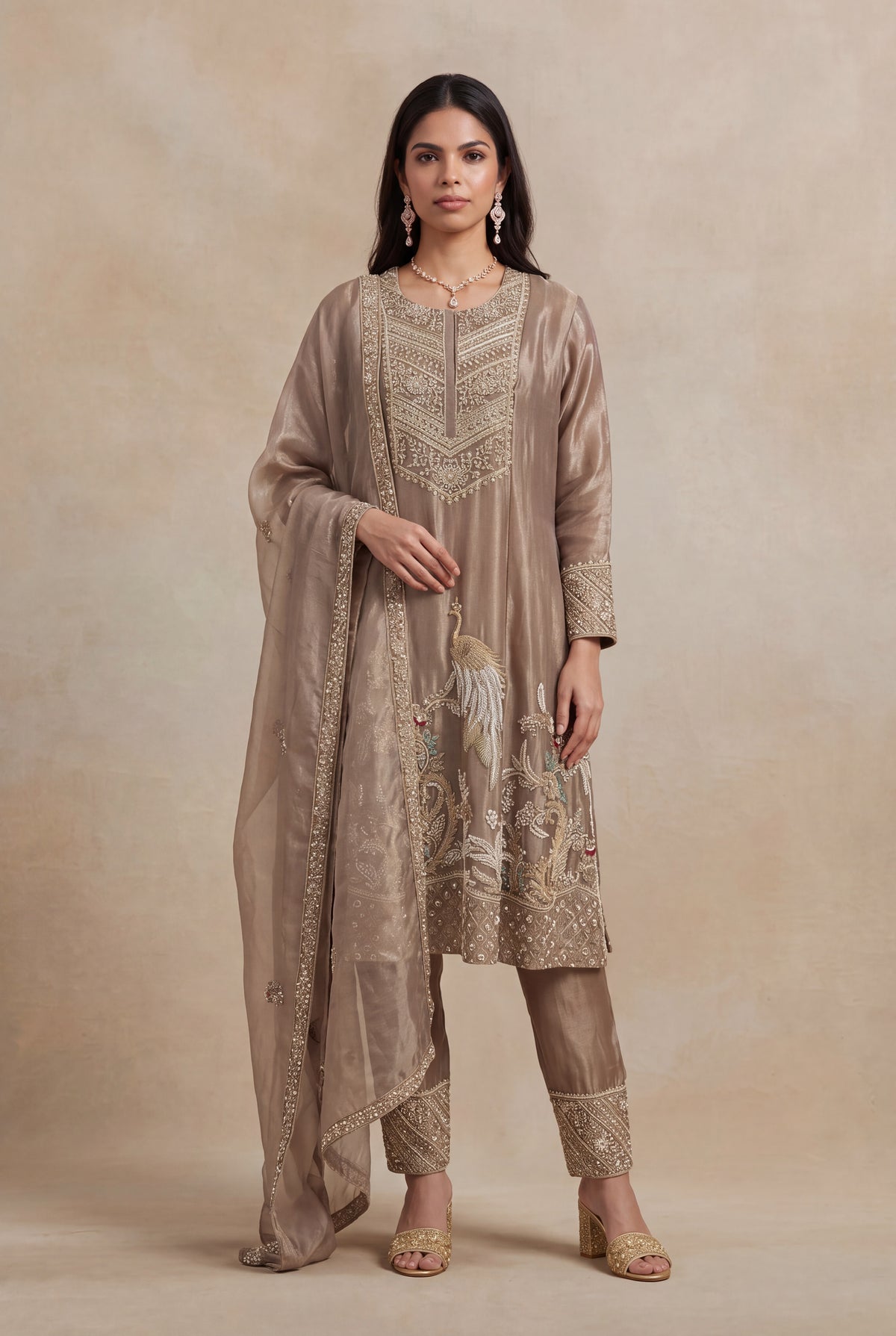 Mocha Taupe Pure Tissue Silk Indo Western Kurta Set with Zardozi Embroidery - Mokshaa