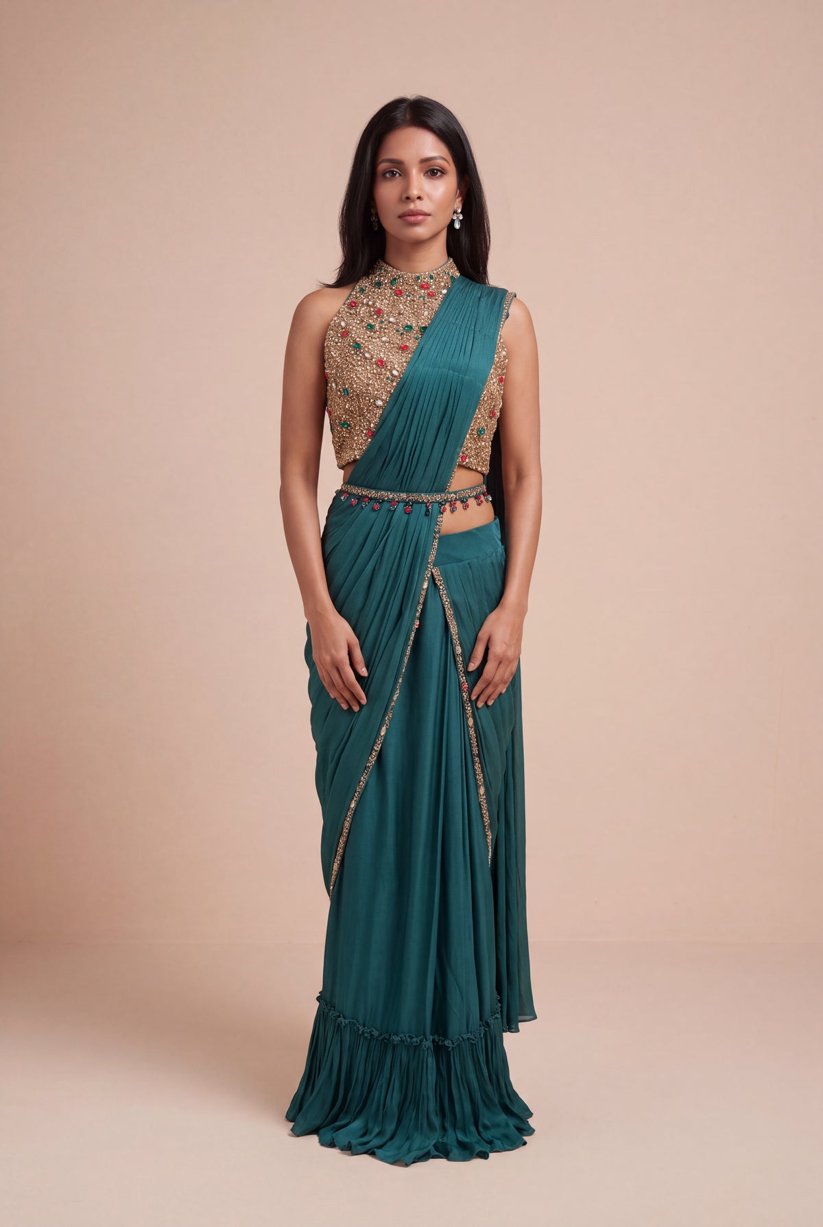 Emerald Green Draped Saree with Jewel-Embroidered Halter Blouse - Mokshaa