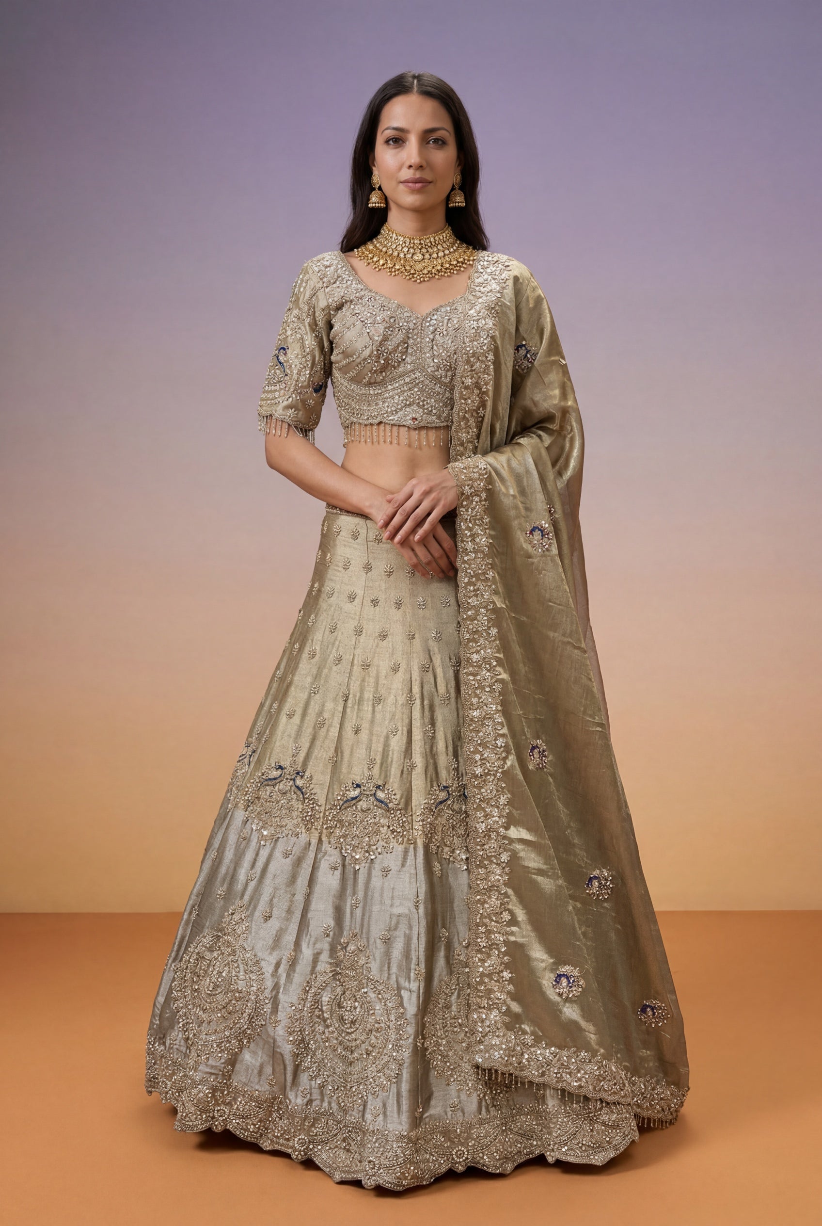 Champagne Tissue Bridal Lehenga