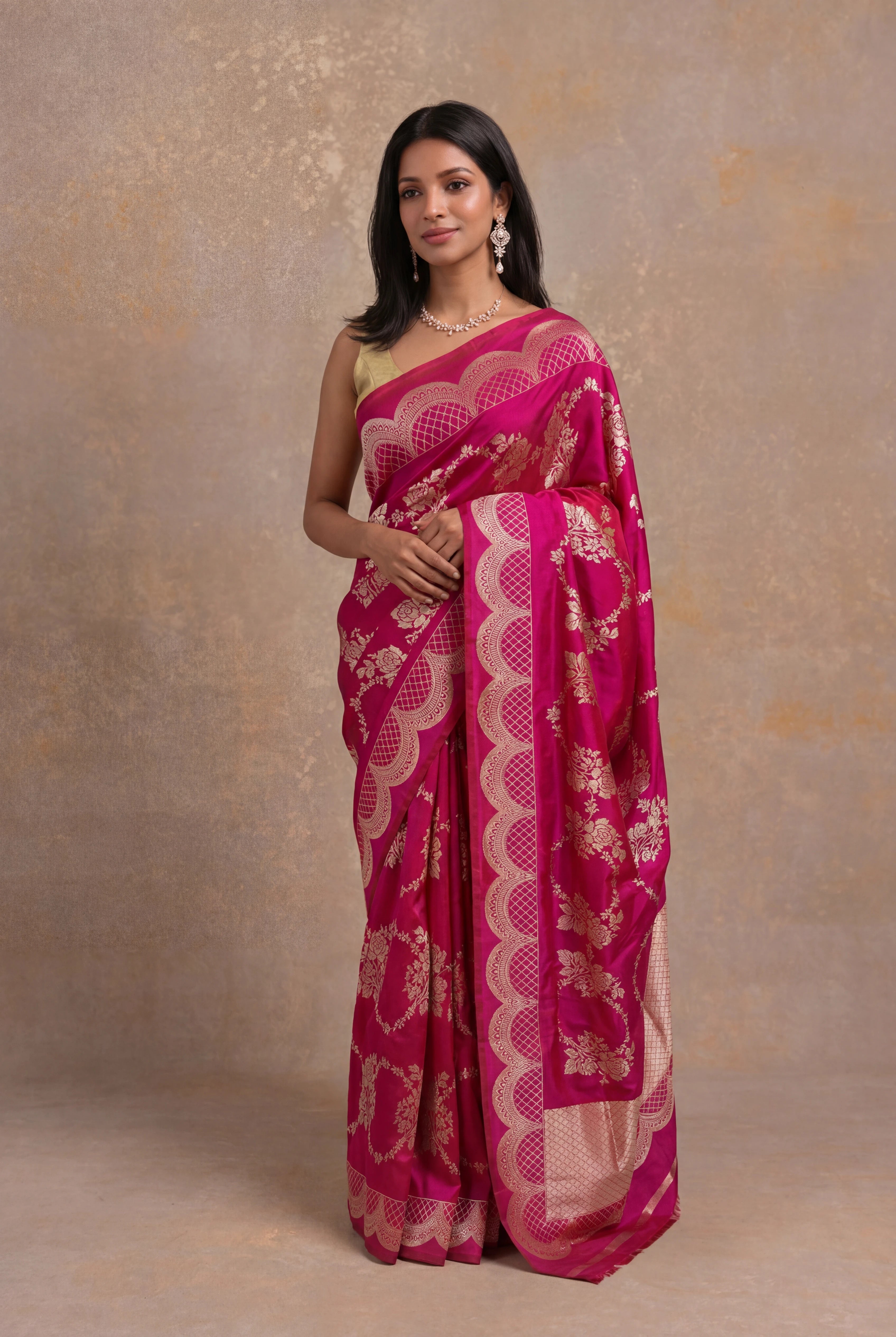Pink Banarasi Silk Scallop Border Saree