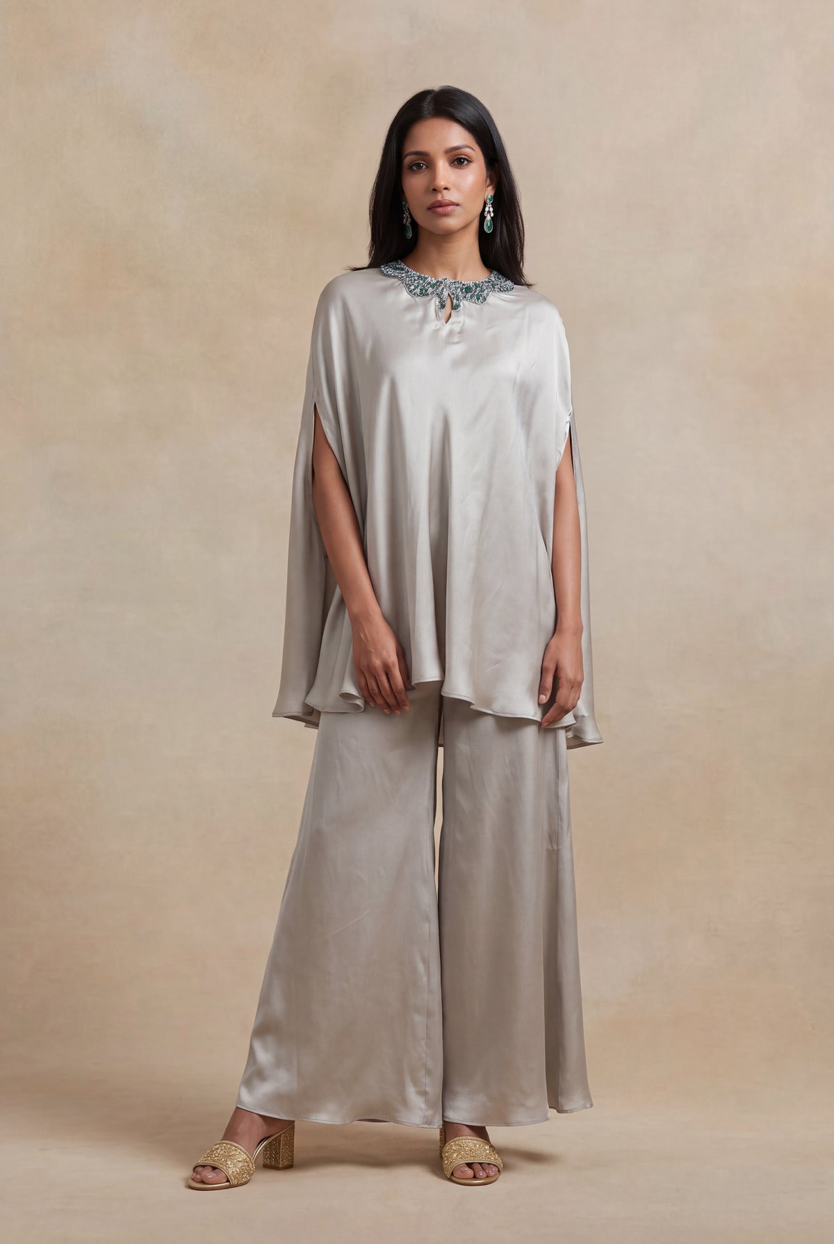 Silver Grey Satin Silk Cape Set with Bead Embellishment - Mokshaa