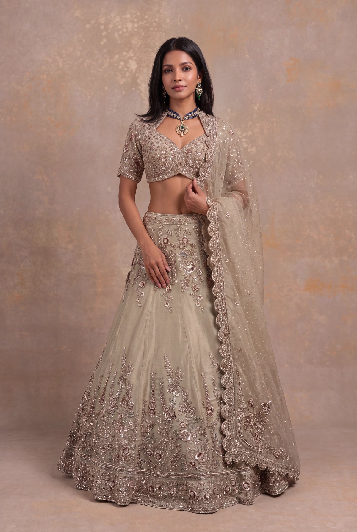 Champagne Shimmer Tissue Lehenga - Mokshaa