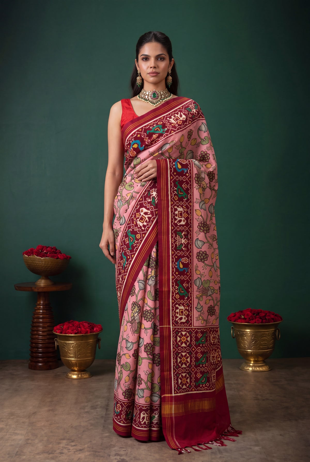 Peach Patan Patola Silk Kalamkari Saree - Mokshaa