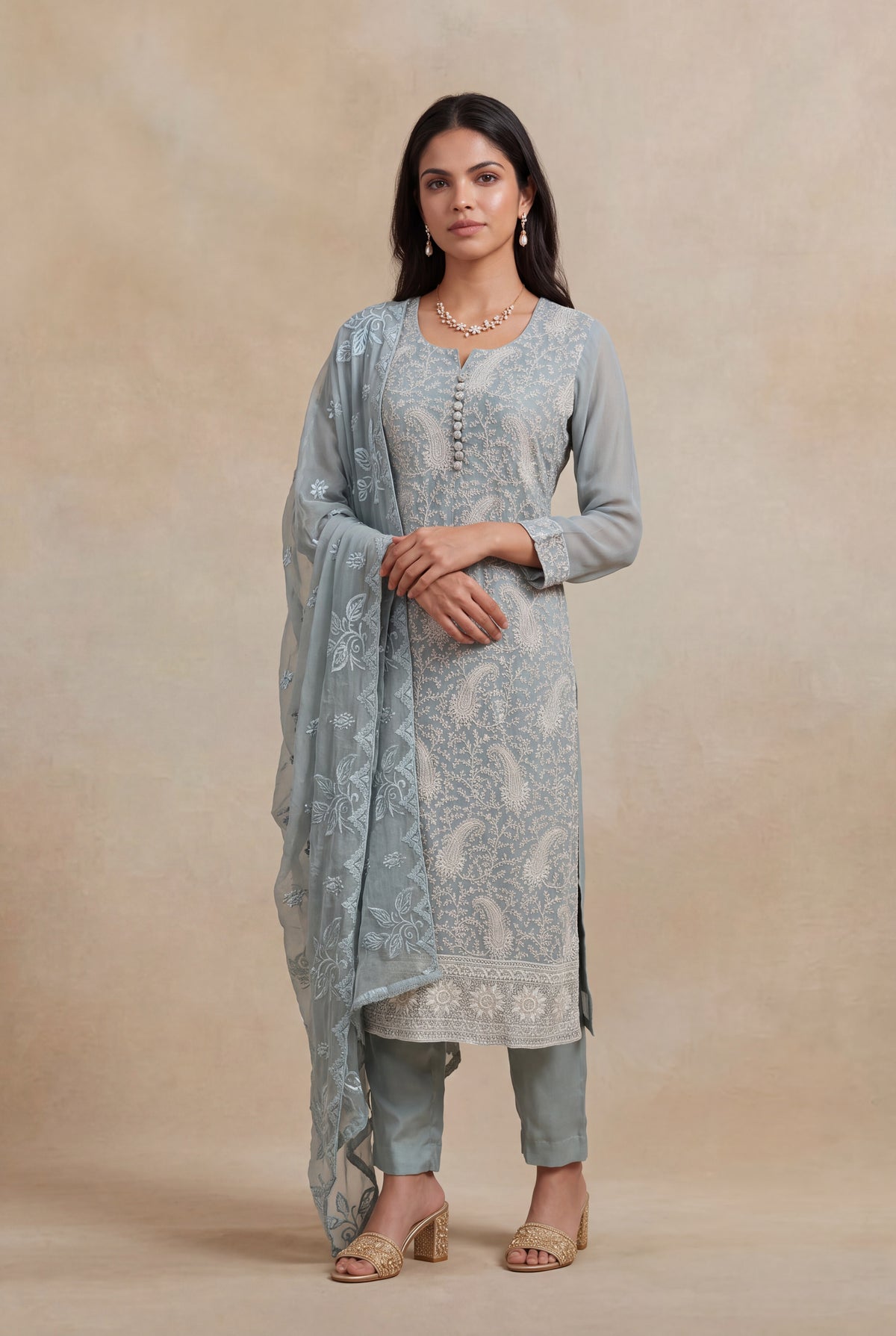 Dusty Blue Georgette Straight-Cut Salwar Suit - Mokshaa