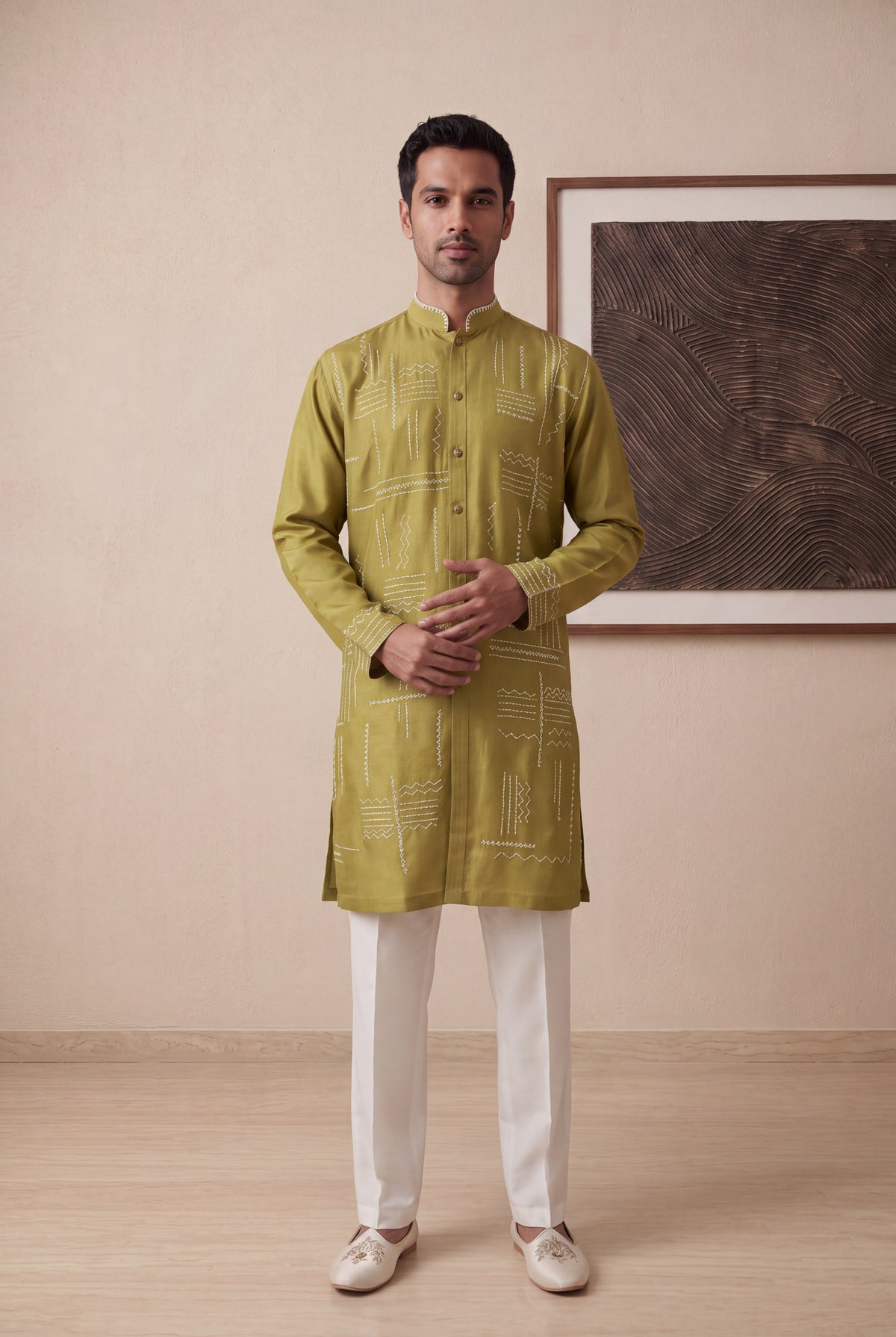 Olive Green Nysa Silk Kurta Pant Set - Mokshaa