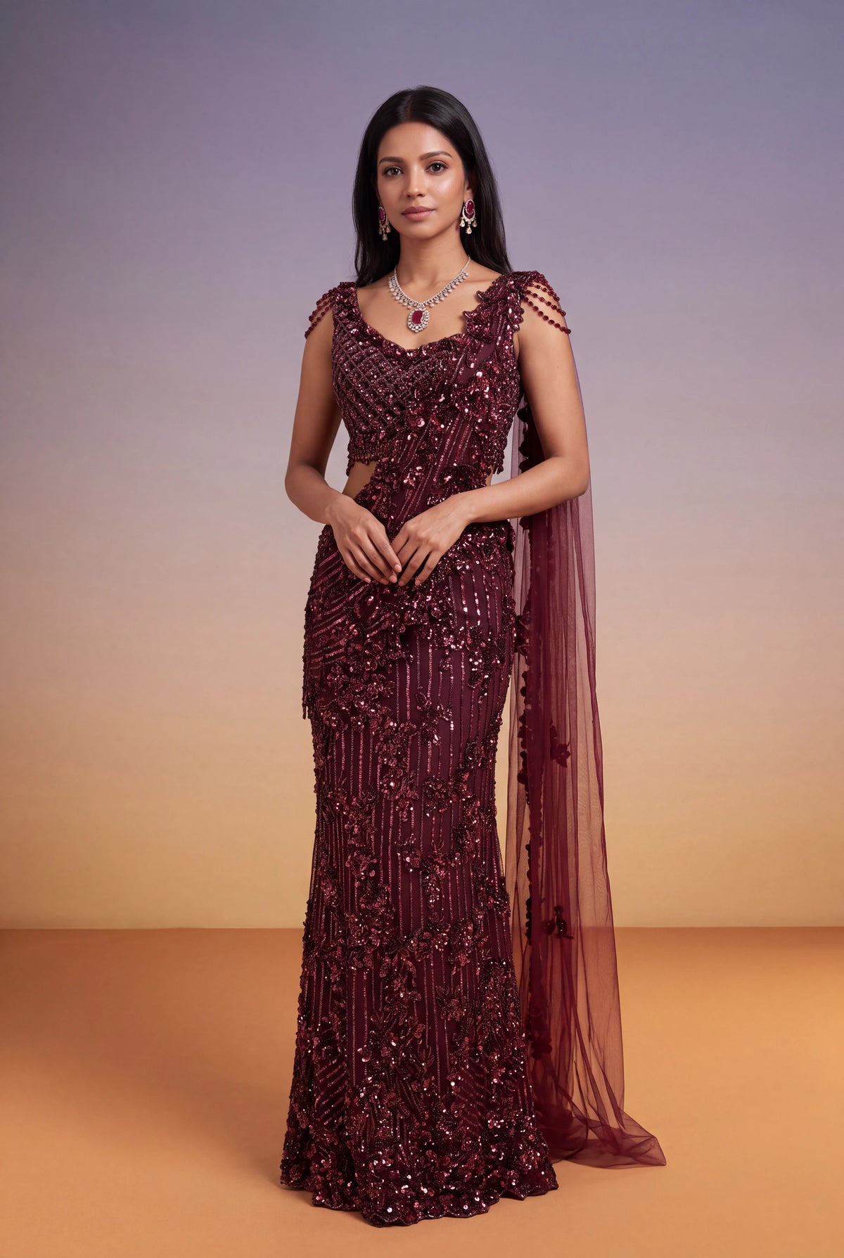 Wine Net Fish-Cut Indo-Western Drape Saree - Mokshaa
