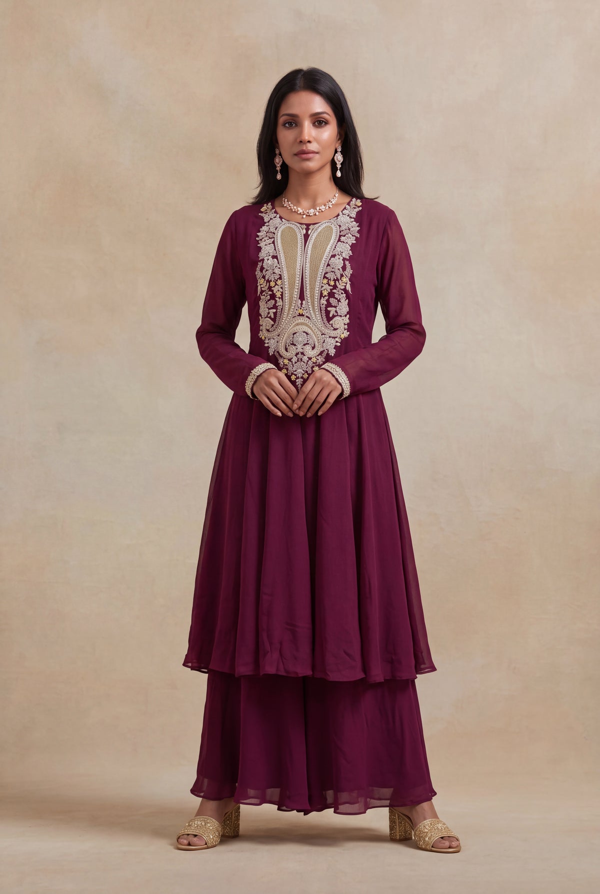 Wine Georgette Indo-Western Set - Mokshaa