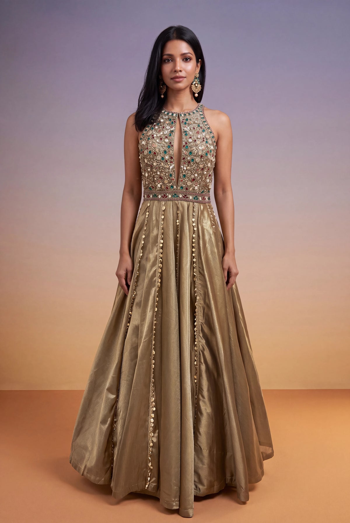 Gold Tissue Multicolour Sequin Gown - Mokshaa