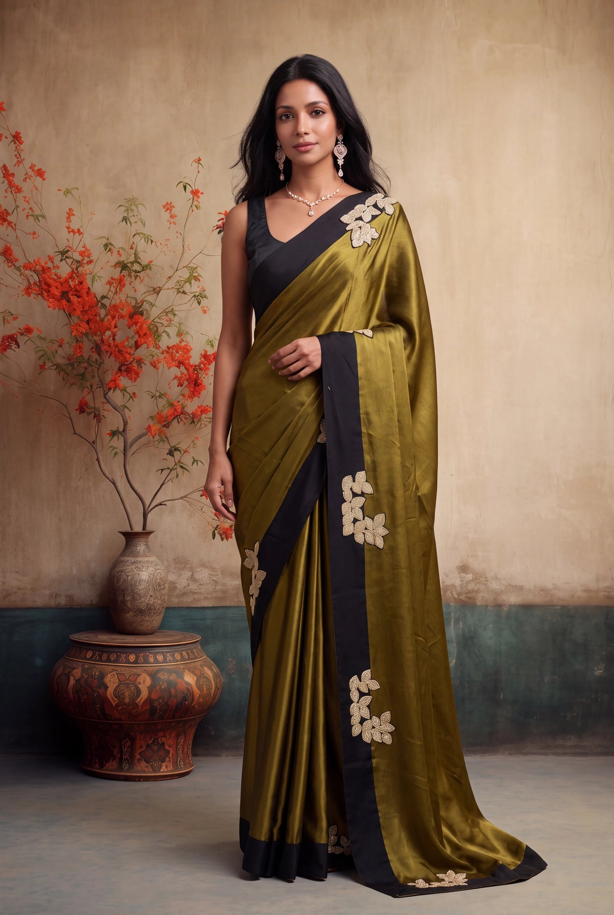 Olive Green Crepe Silk Saree - Mokshaa