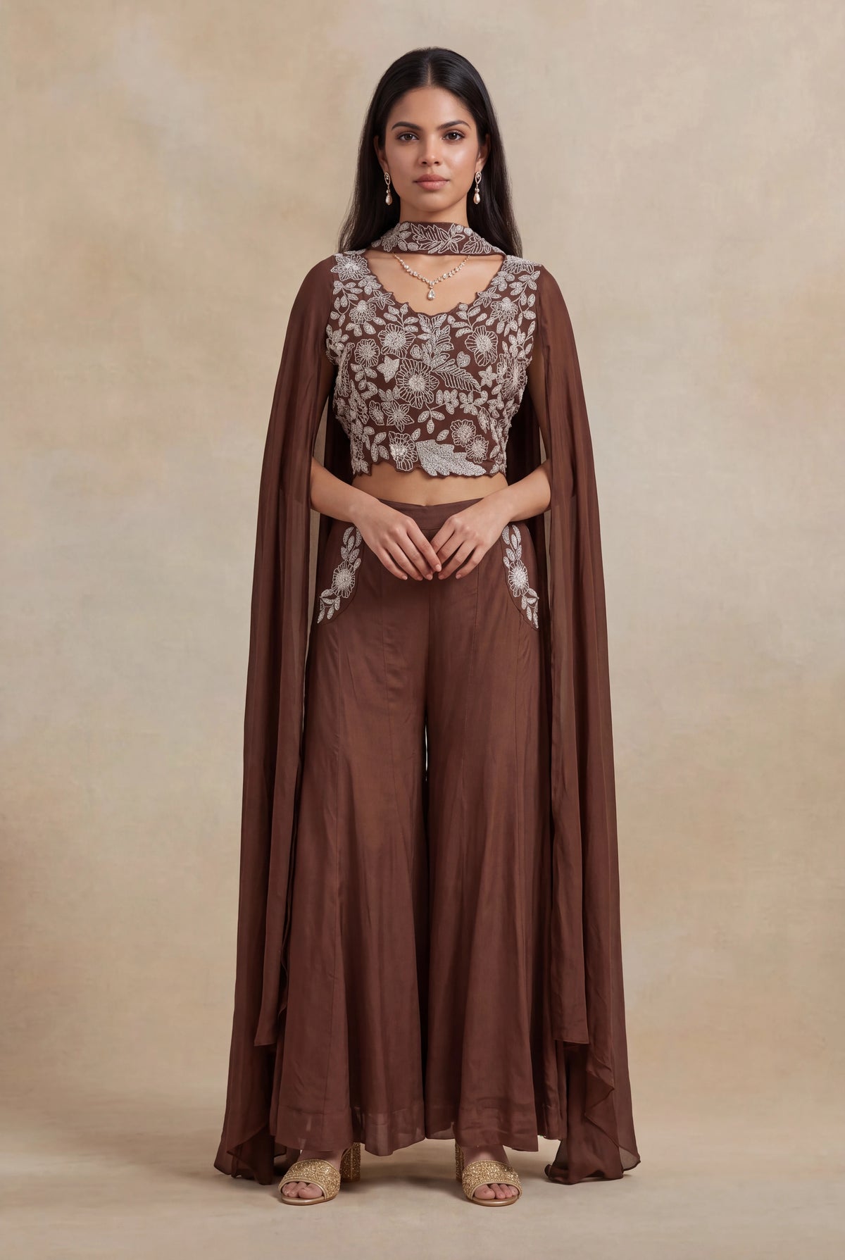 Brown Georgette Indo-Western Palazzo Set - Mokshaa