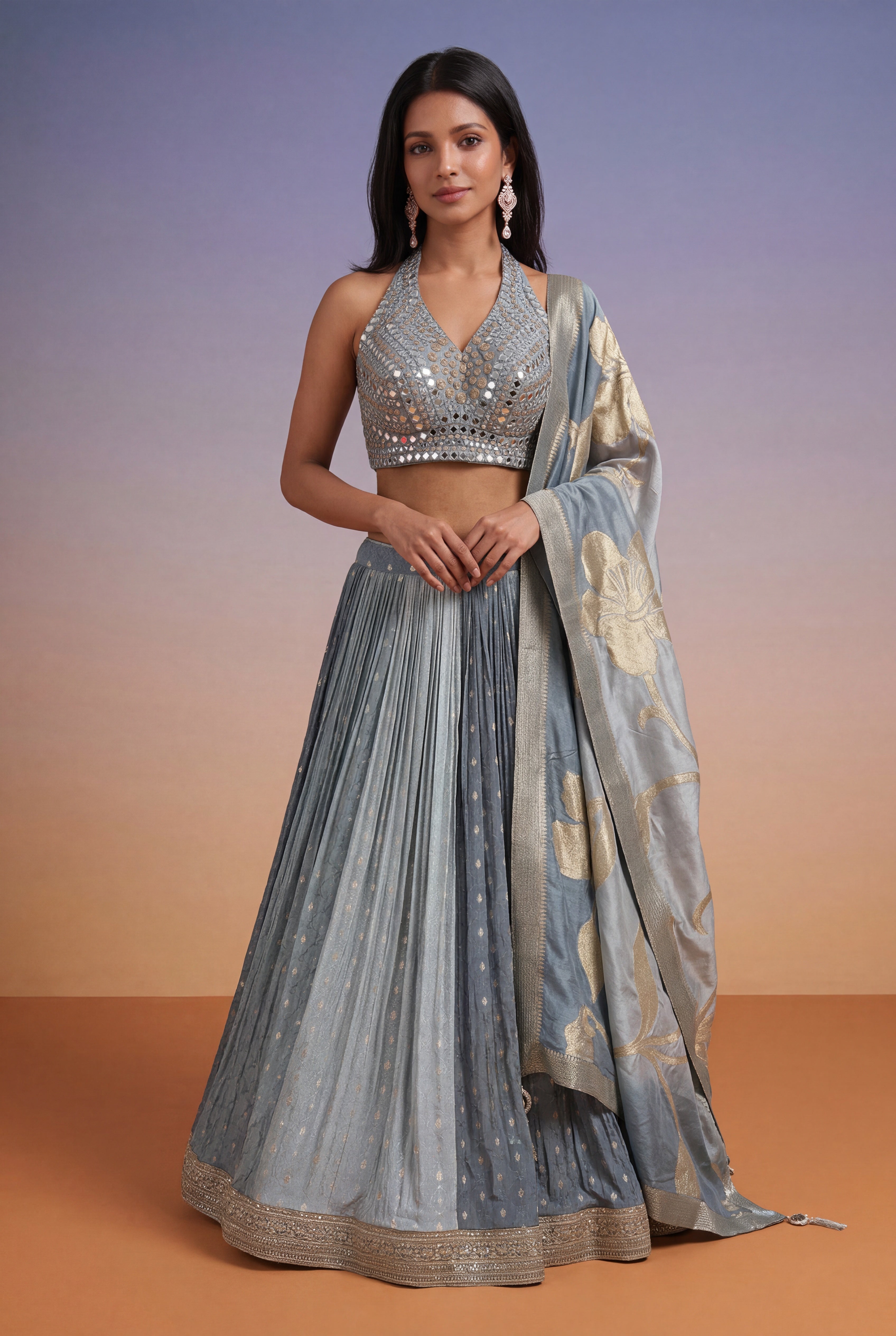 Dusty Blue Lehenga with Mirror Work Blouse