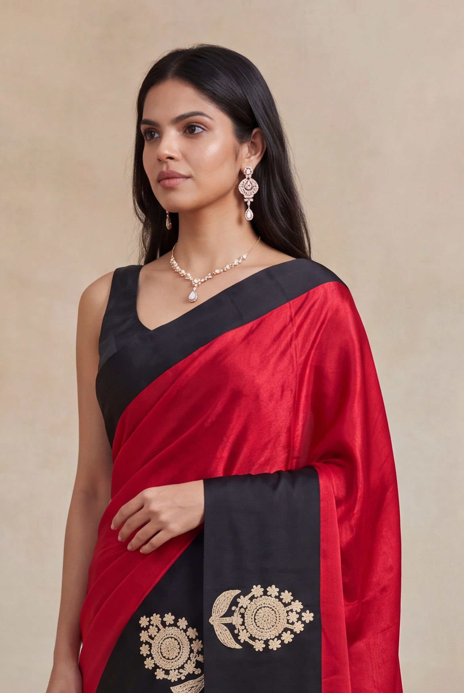 Red Satin Silk Saree with Black Sequin Border