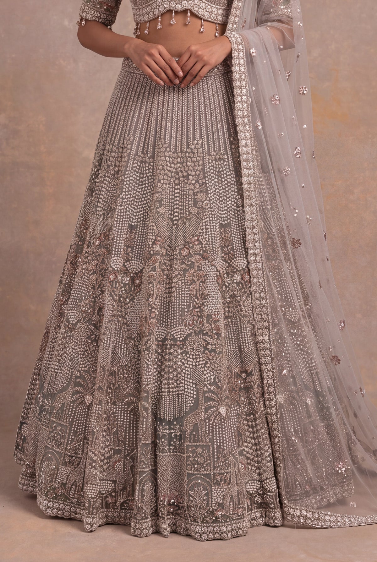 Taupe Net Lehenga - Mokshaa