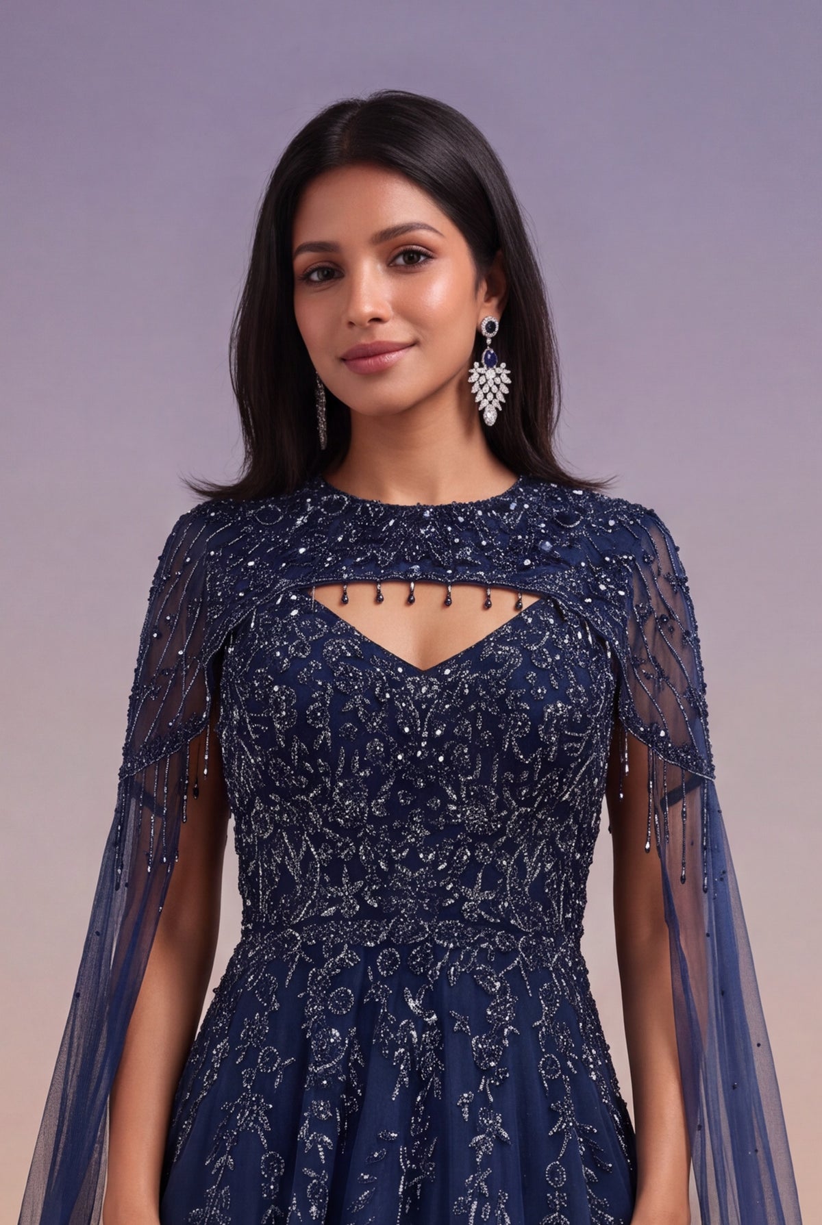 Navy Blue Katdana & Sequin Net Gown with Cape - Mokshaa