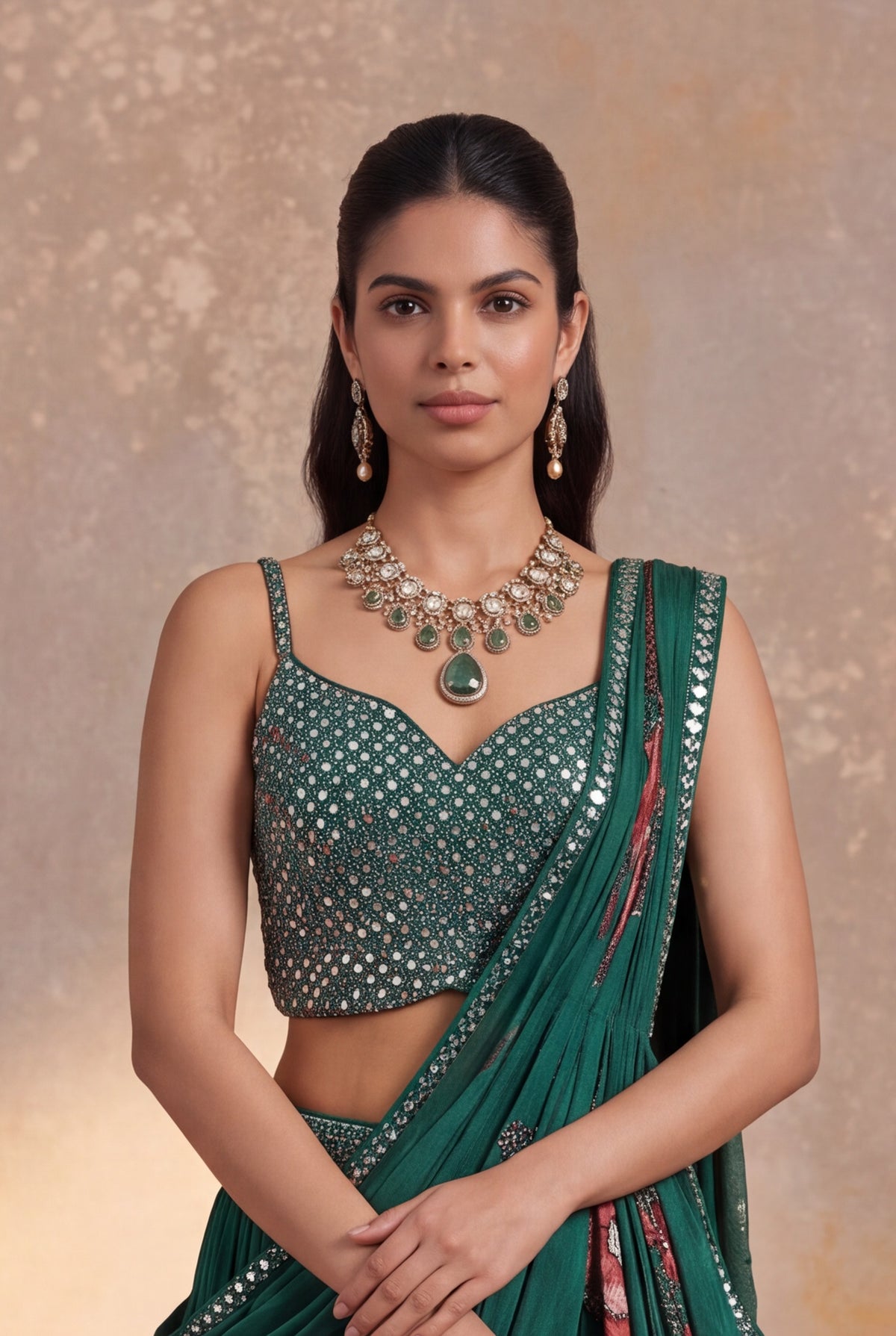 Bottle Green Georgette Draped Lehenga - Mokshaa
