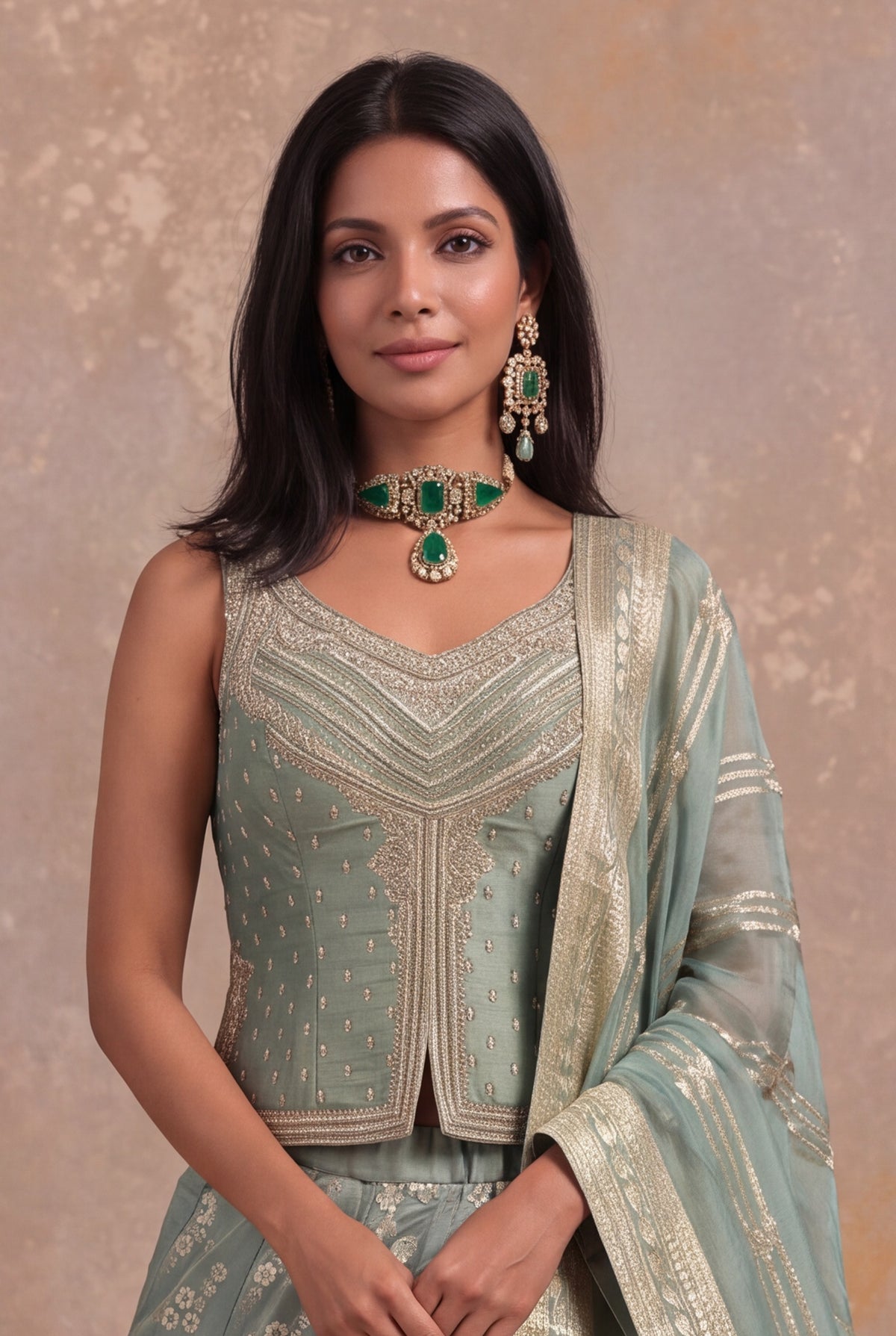 Sage Green Banarasi Tissue Silk Lehenga with Embellished Blouse - Mokshaa