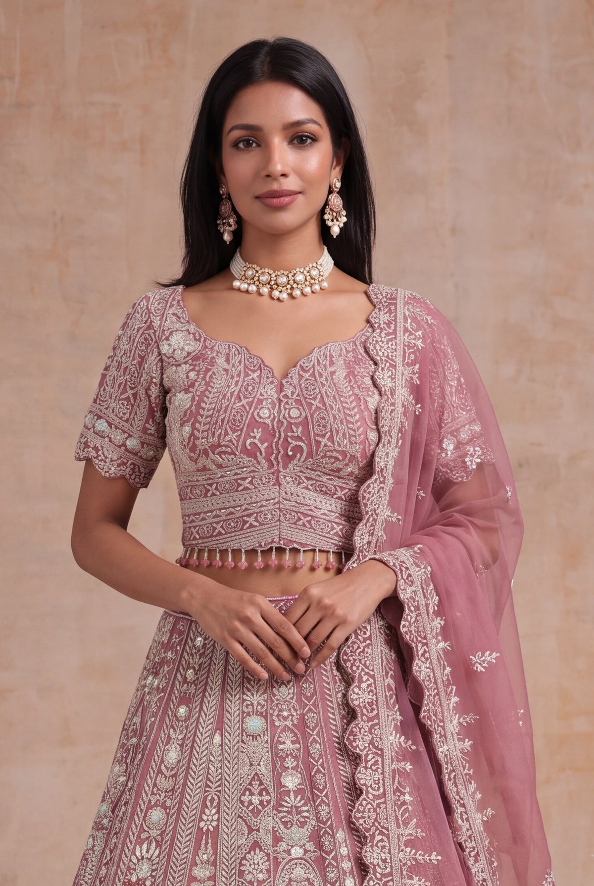 Dusty Rose Raw Silk Lehenga - Mokshaa