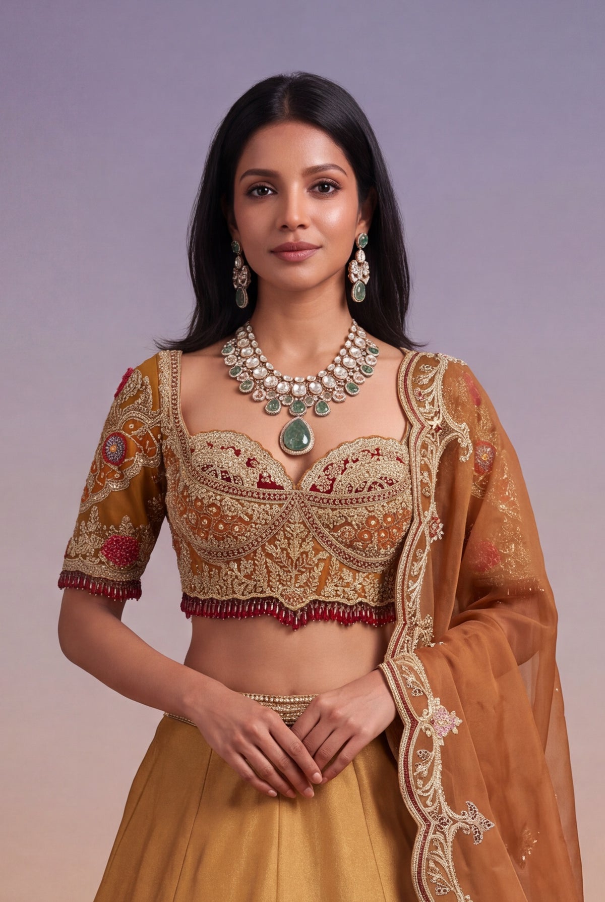 Mustard & Burnt Orange Tissue Lehenga - Mokshaa
