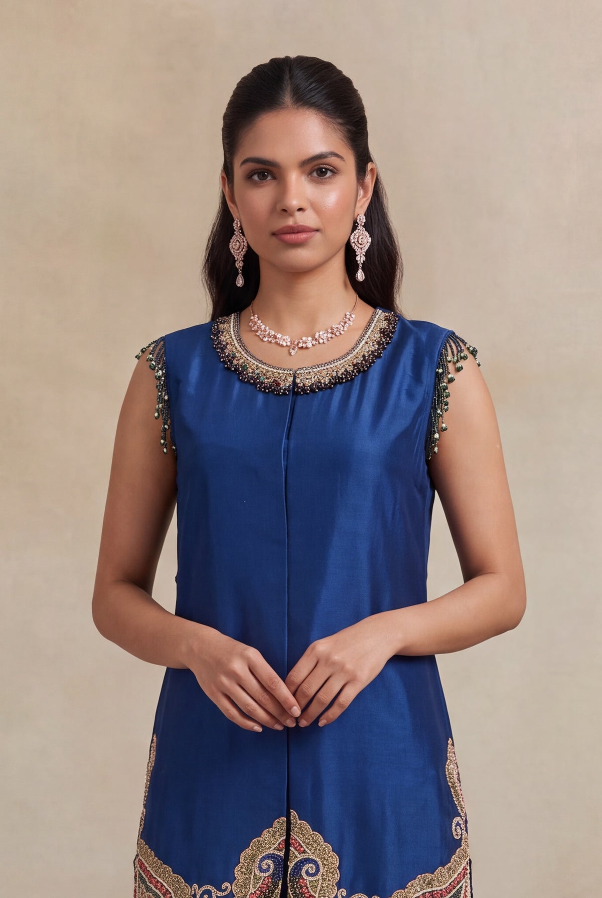 Royal Blue Raw Silk Indo-Western Set with Zardosi Work - Mokshaa
