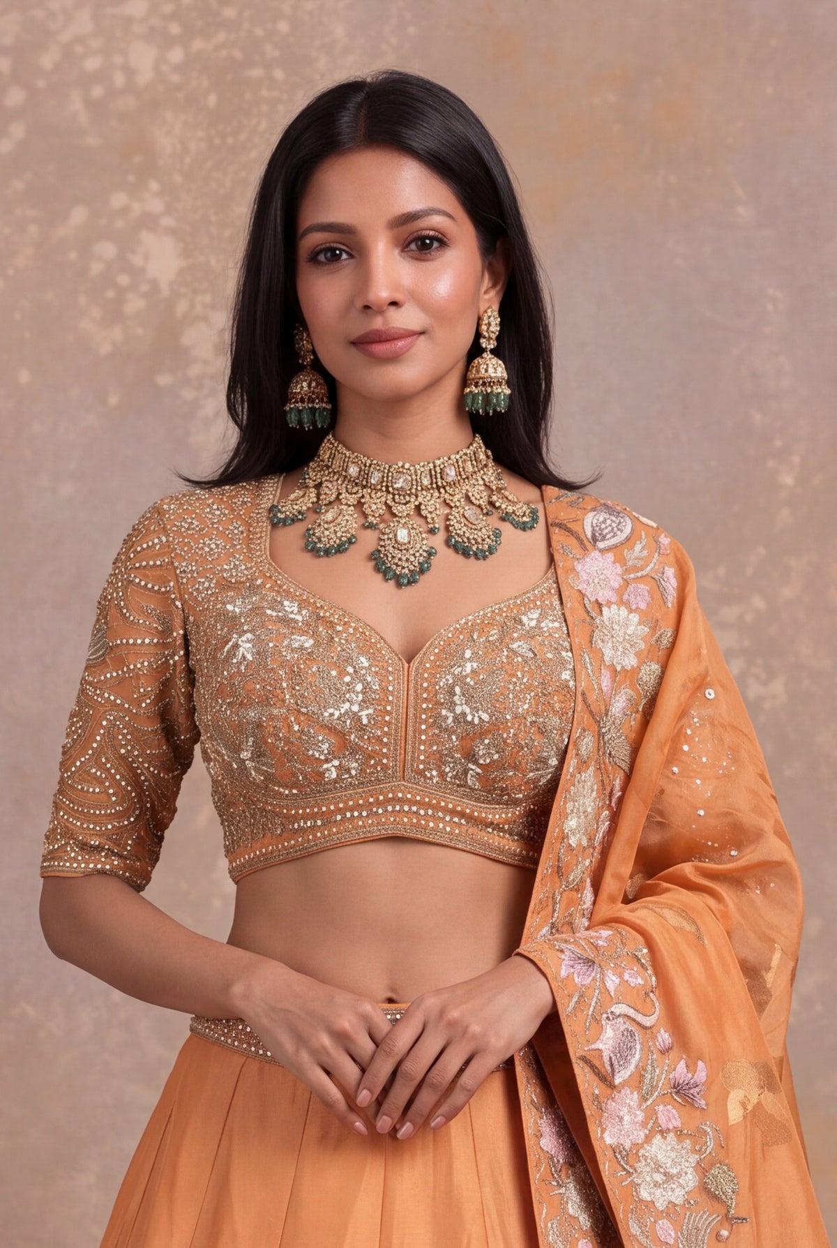 Light Orange Organza Tissue Floral Embroidered Lehenga - Mokshaa