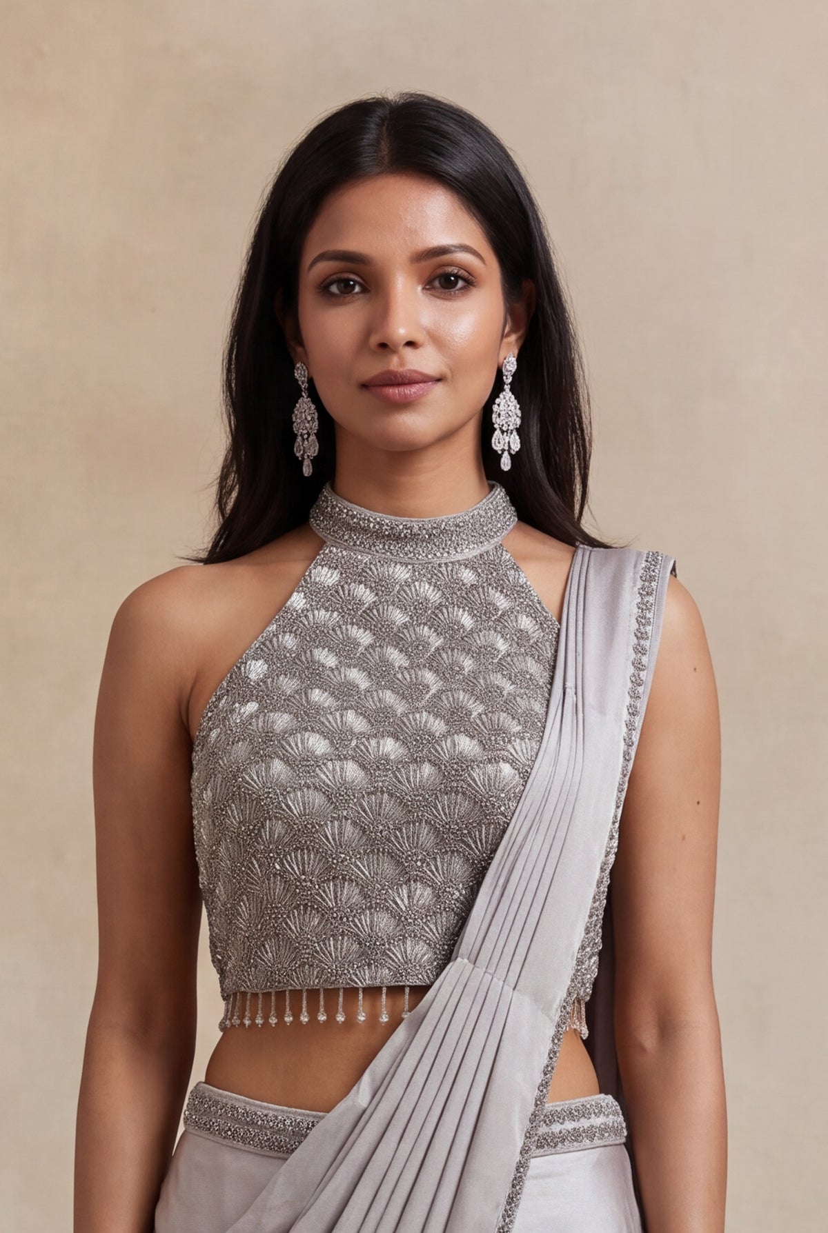 Silver Grey Satin Silk Ready-to-Wear Saree with Embellished Blouse - Mokshaa