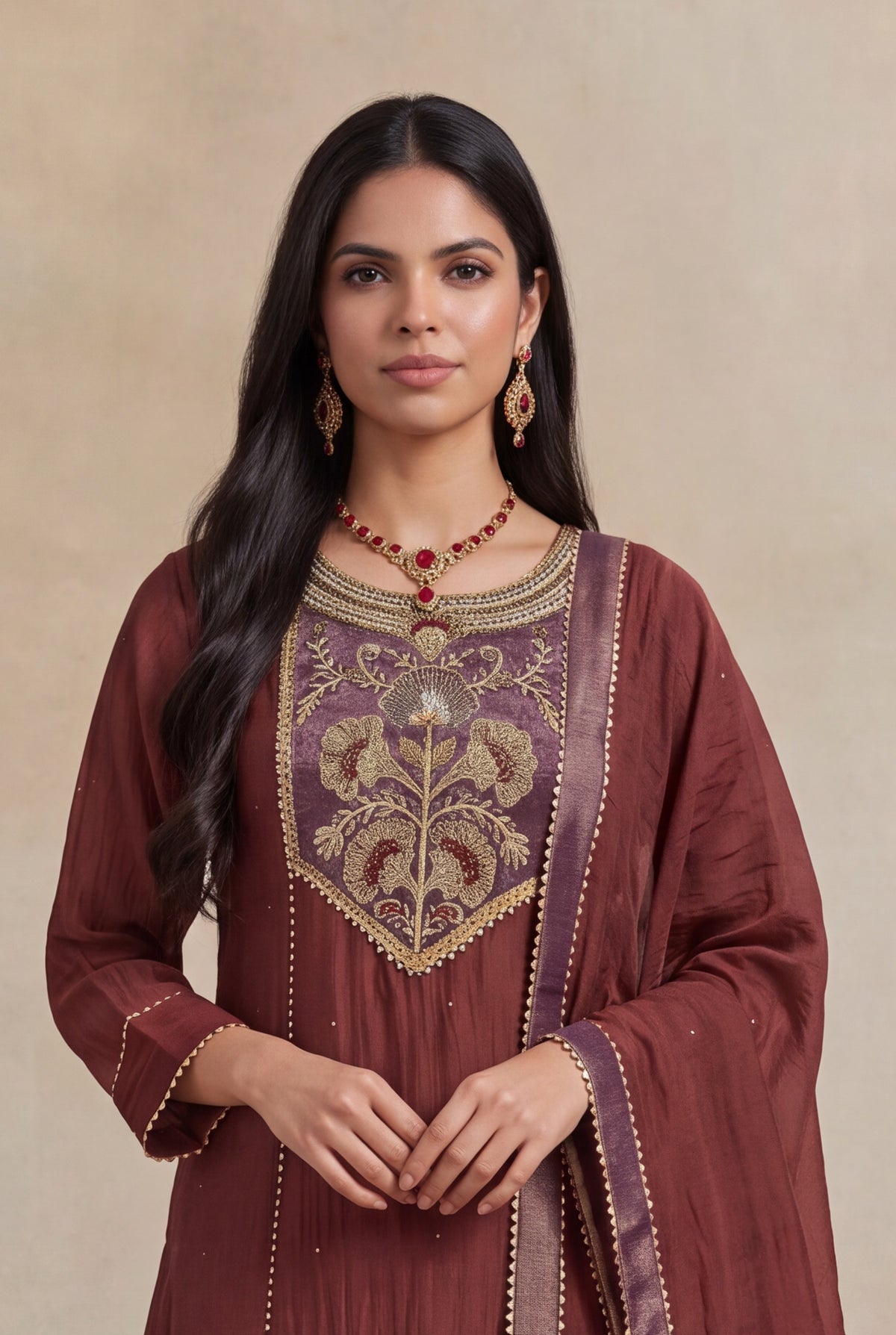 Wine Mul Cotton Zardosi A-Line Salwar Set - Mokshaa