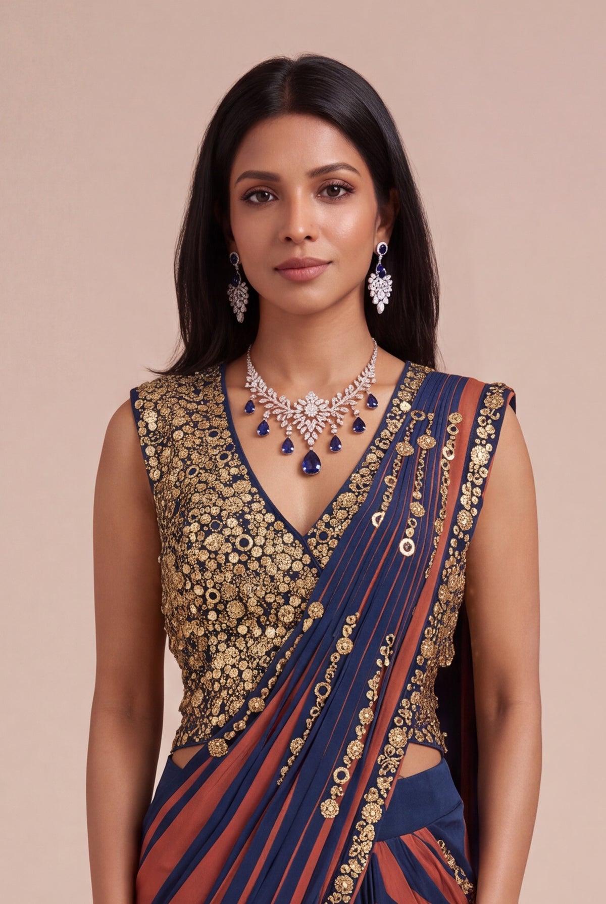 Navy Blue & Rust Satin Silk Pre-Draped Saree - Mokshaa