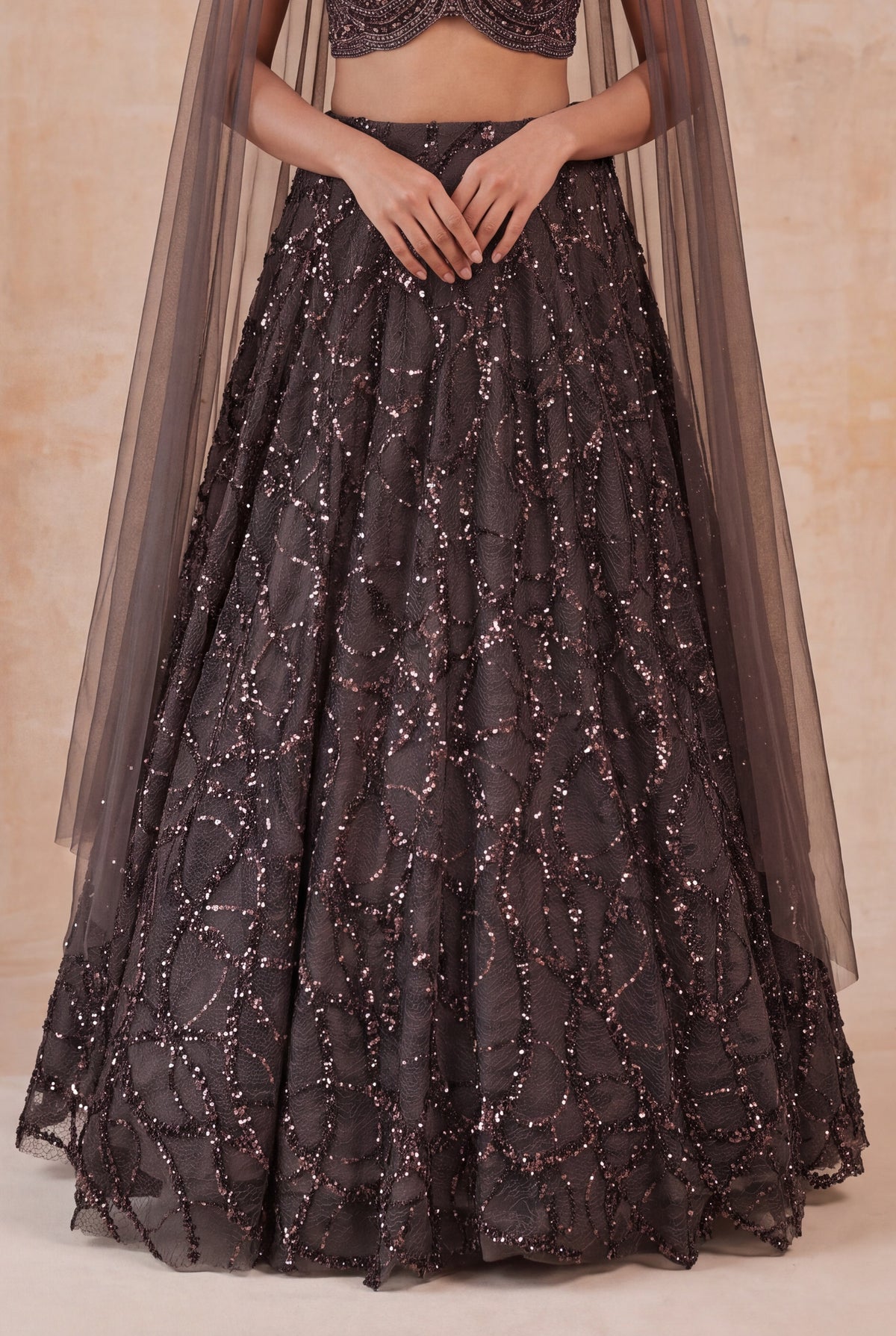 Chocolate Brown Net Lehenga - Mokshaa