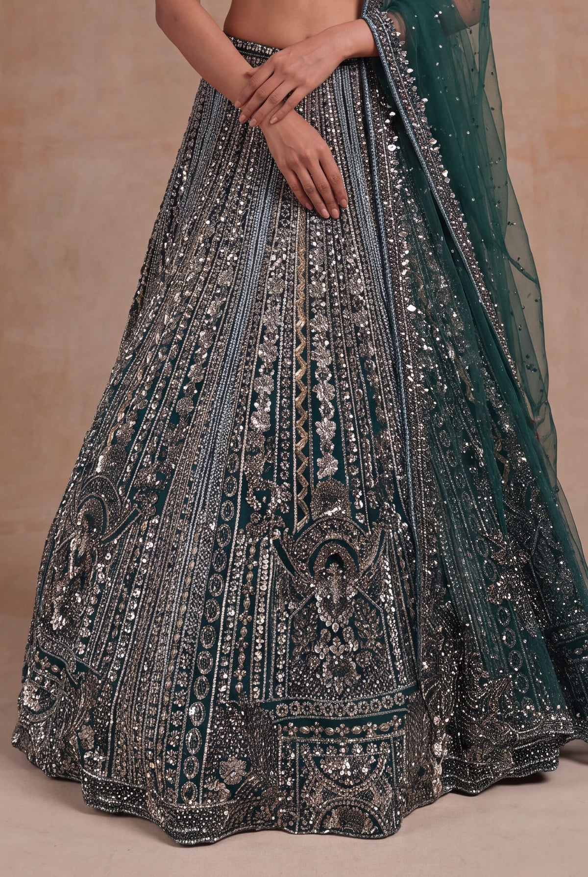 Emerald Green Net Lehenga - Mokshaa