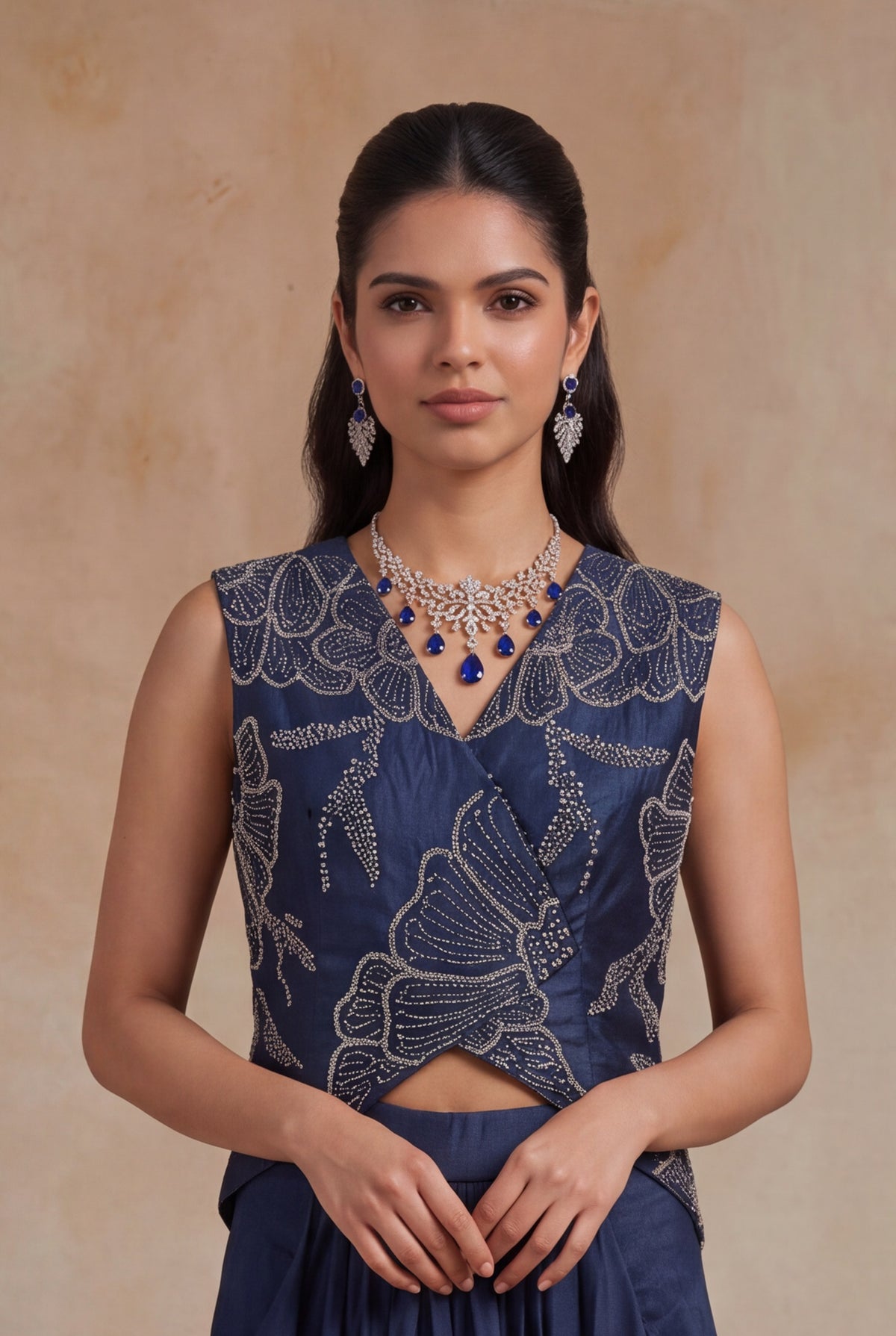 Navy Blue Indo-Western Crop Top & Drape Skirt - Mokshaa
