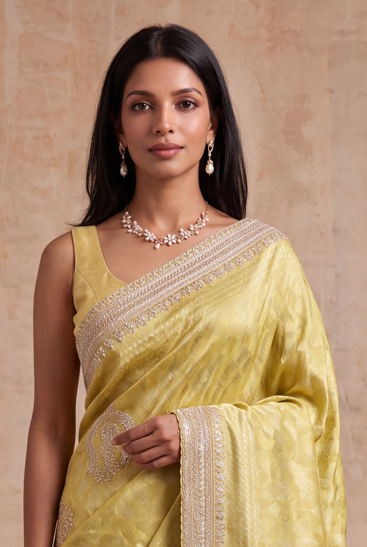 Lime Yellow Zari Weave Saree with Zardosi Work - Mokshaa