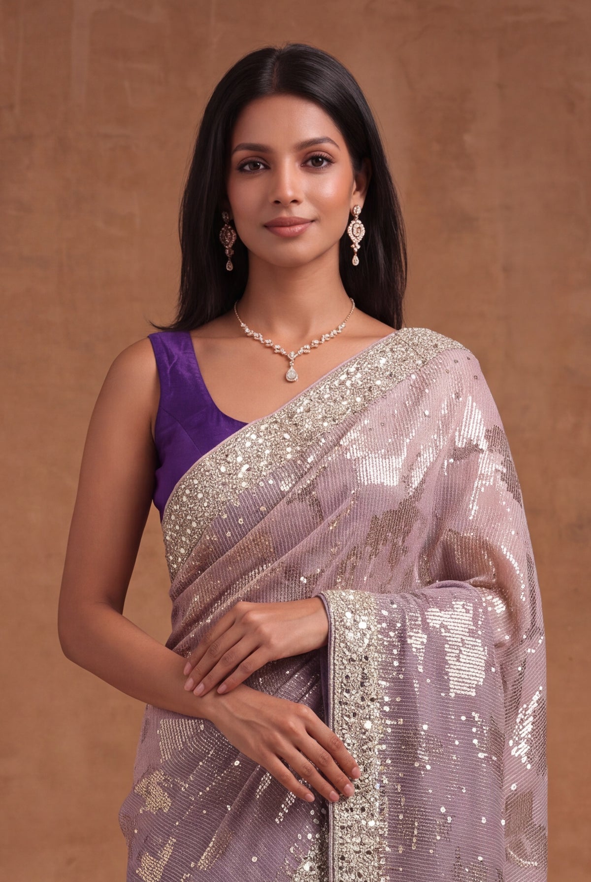 Purple Georgette Saree with Sequin & Mirror Work - Mokshaa