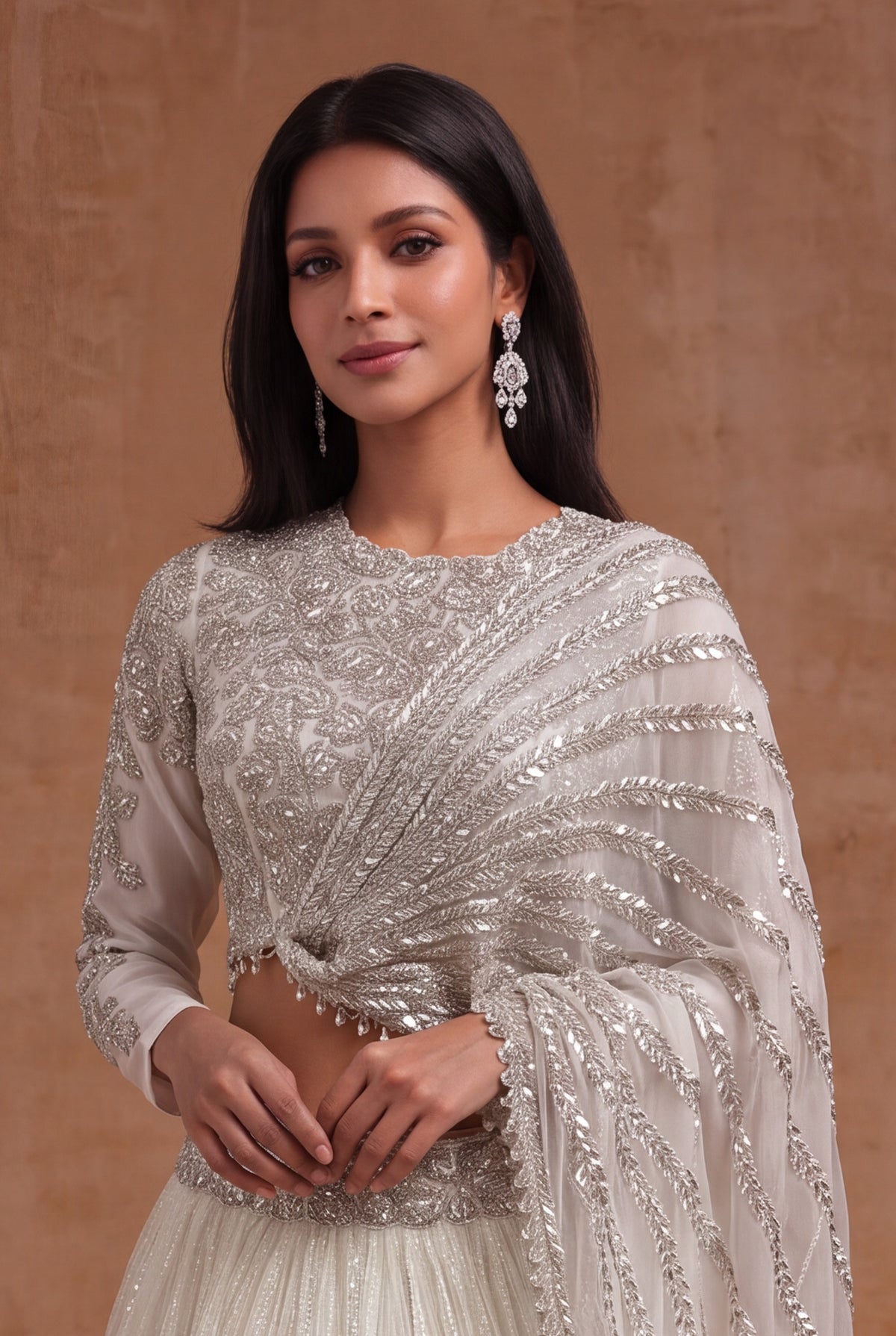 Ivory Organza Ombre Sequin Lehenga - Mokshaa