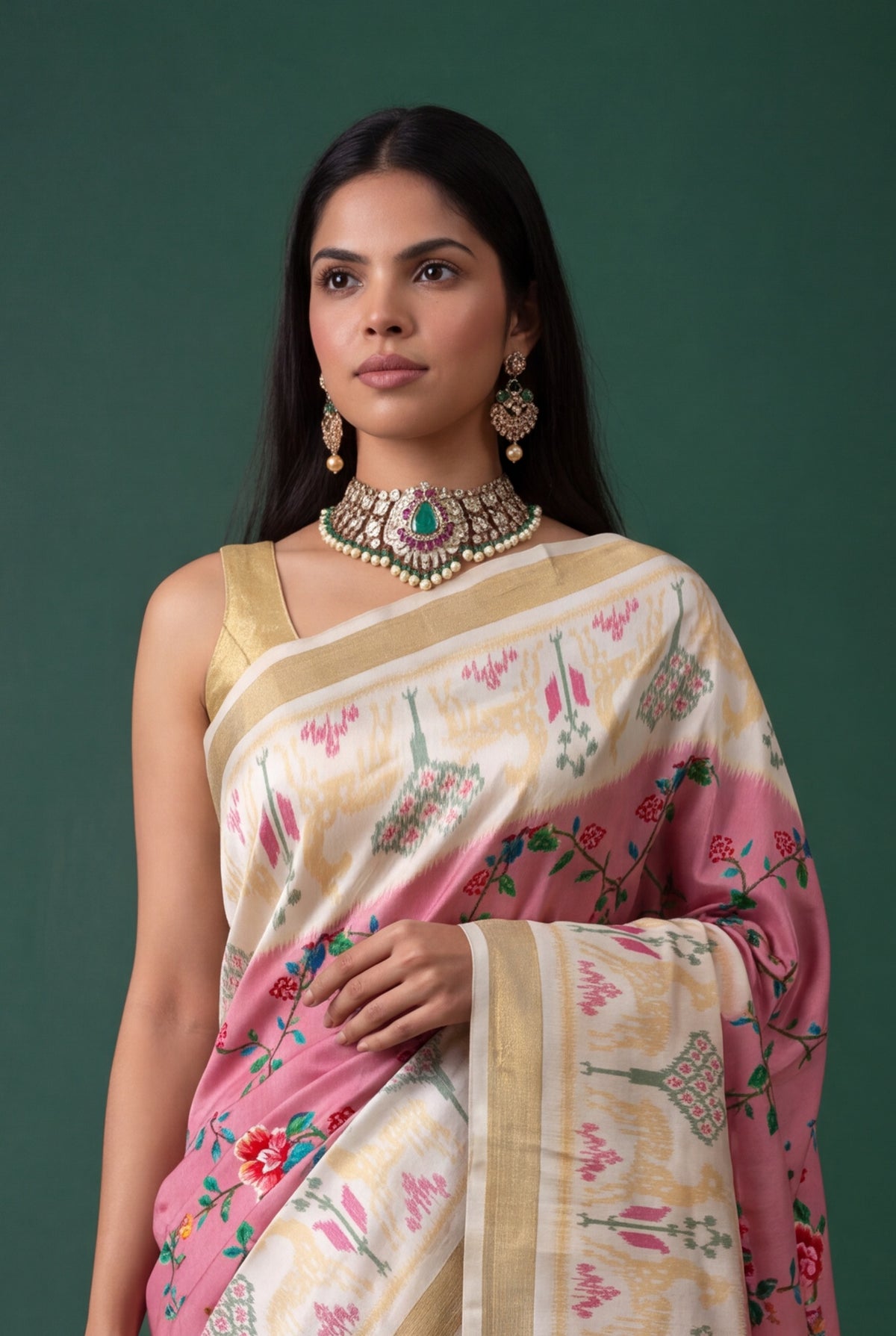 Rose Pink Twill Silk Patola Saree - Mokshaa