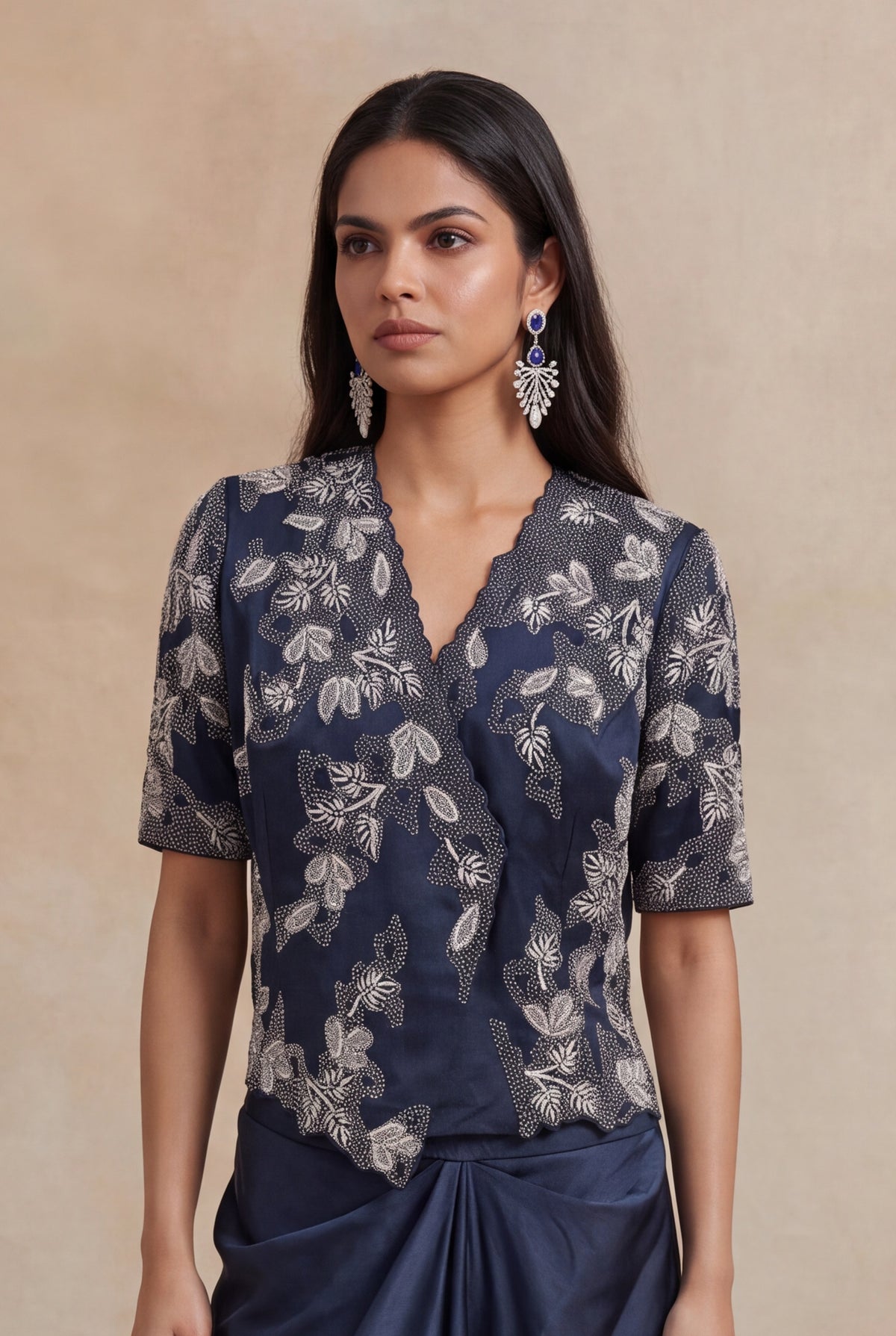 Navy Blue Satin Silk Indo-Western Set - Mokshaa