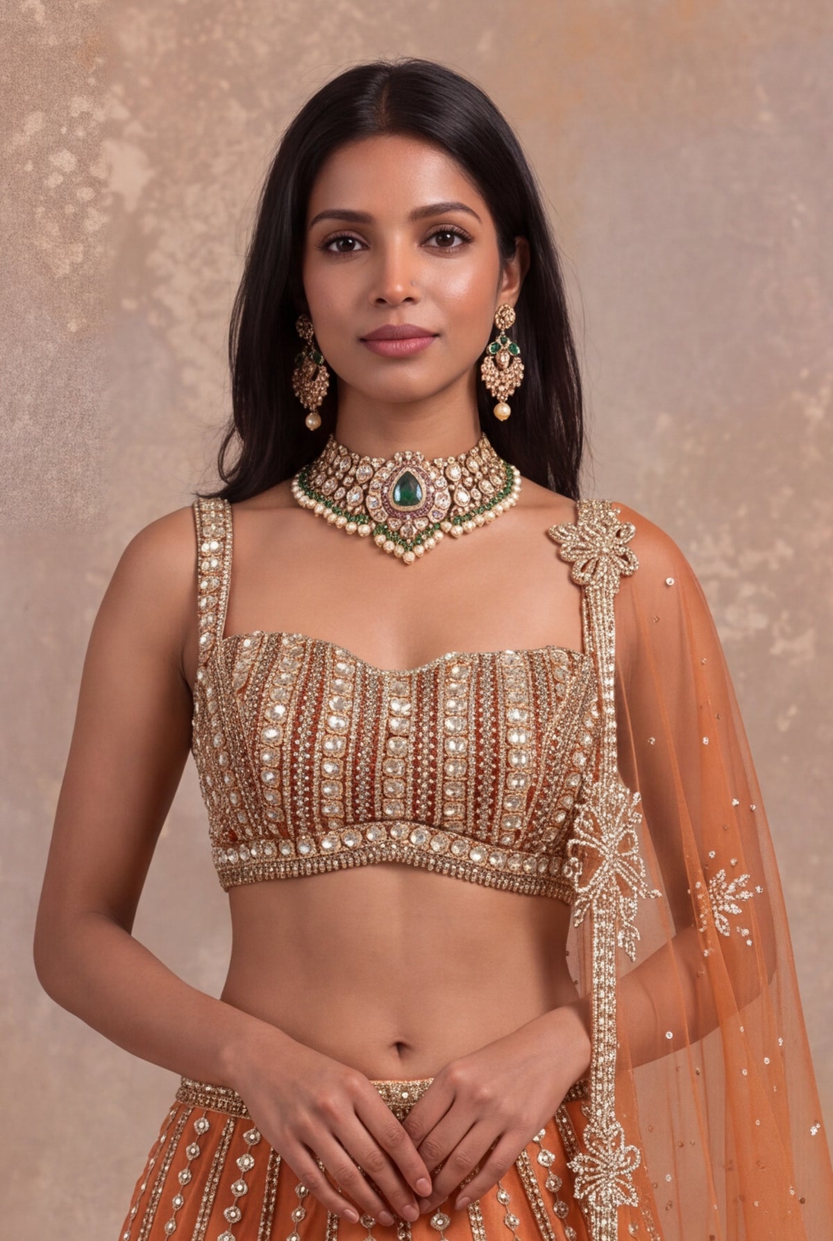 Gold Orange Tissue Lehenga Set with Sequin and Stone Work - Mokshaa