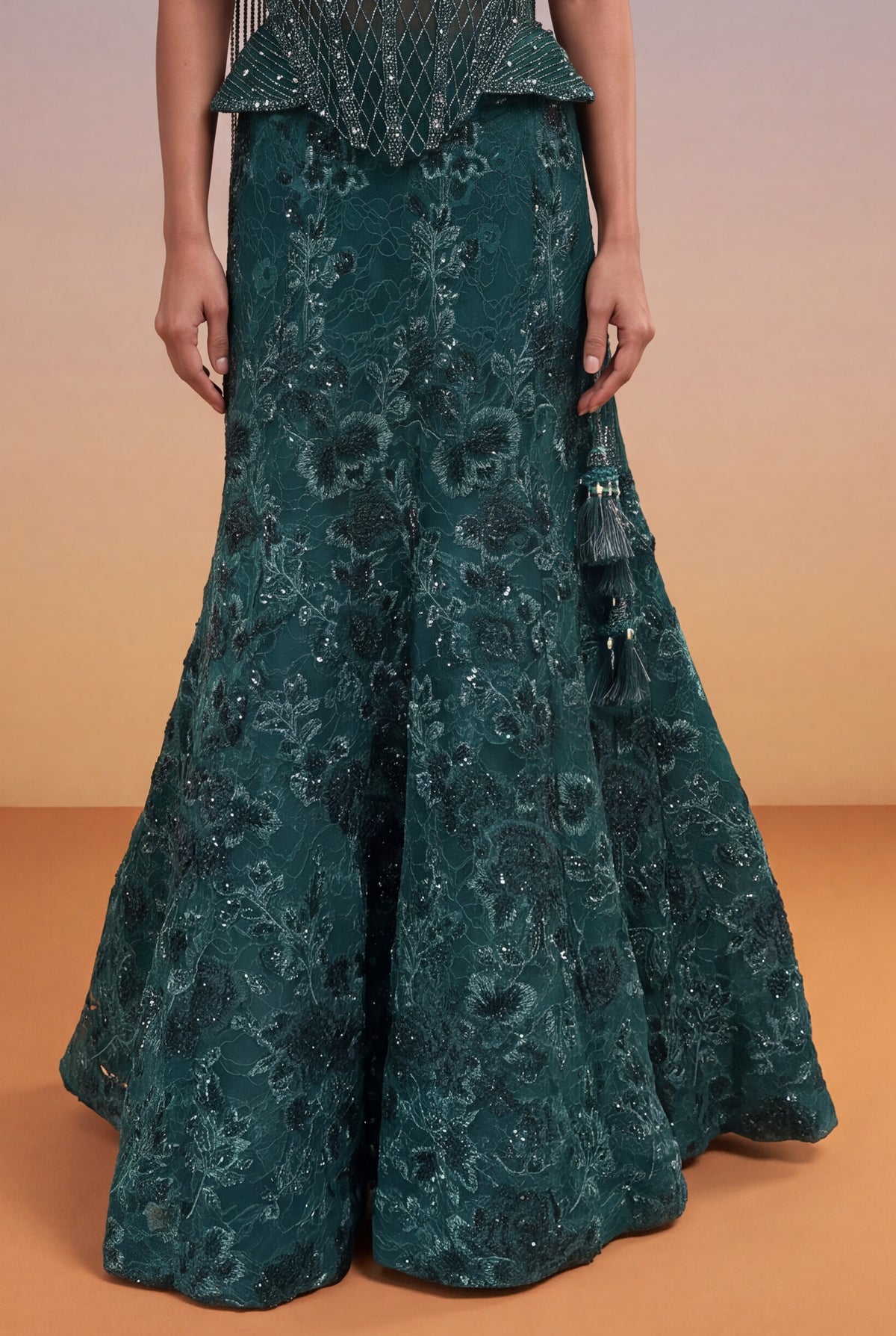 Emerald Green Indo-Western Corset Lehenga - Mokshaa