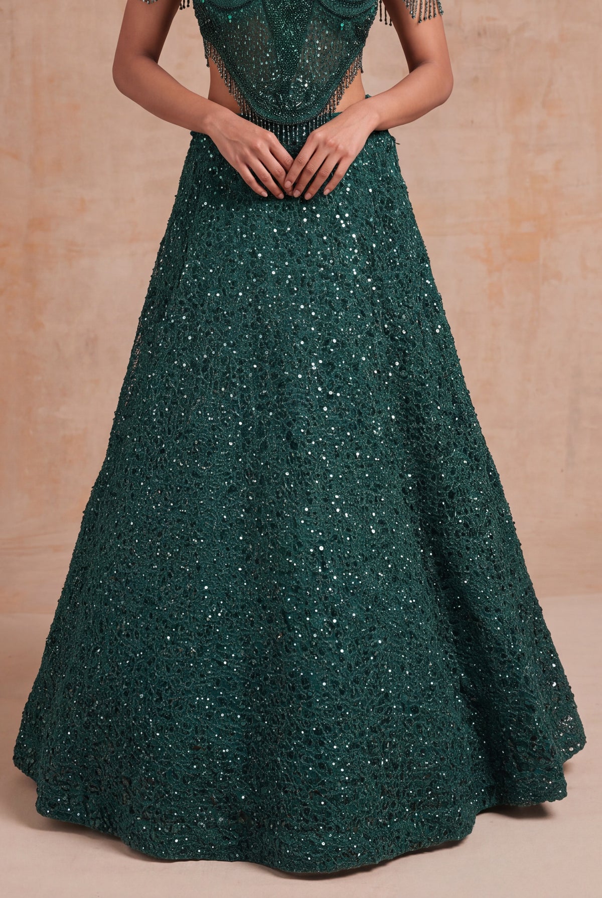 Emerald Green Indo-Western Net Lehenga - Mokshaa
