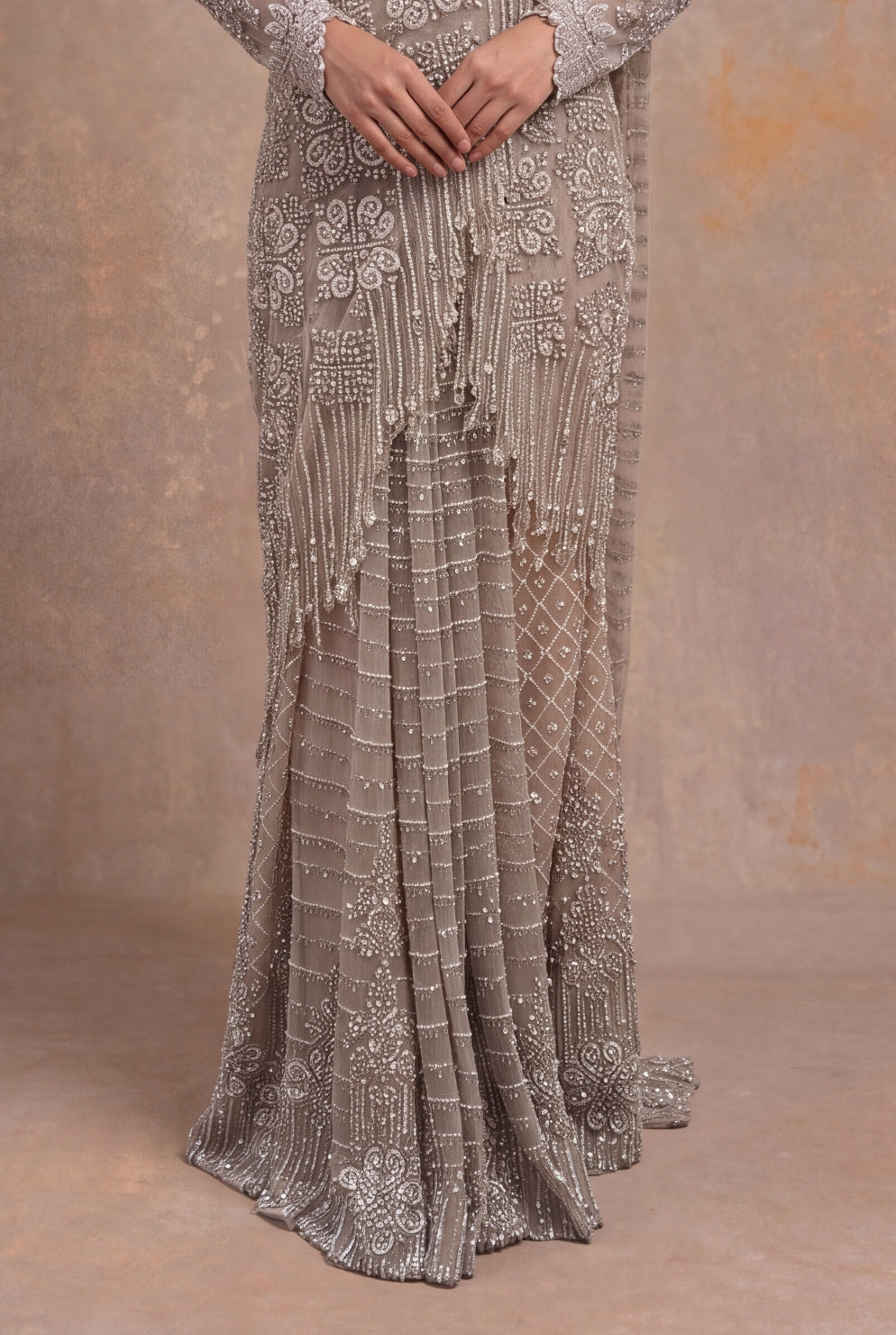 Rose Gold Embellished Net Pre-Draped Saree - Mokshaa