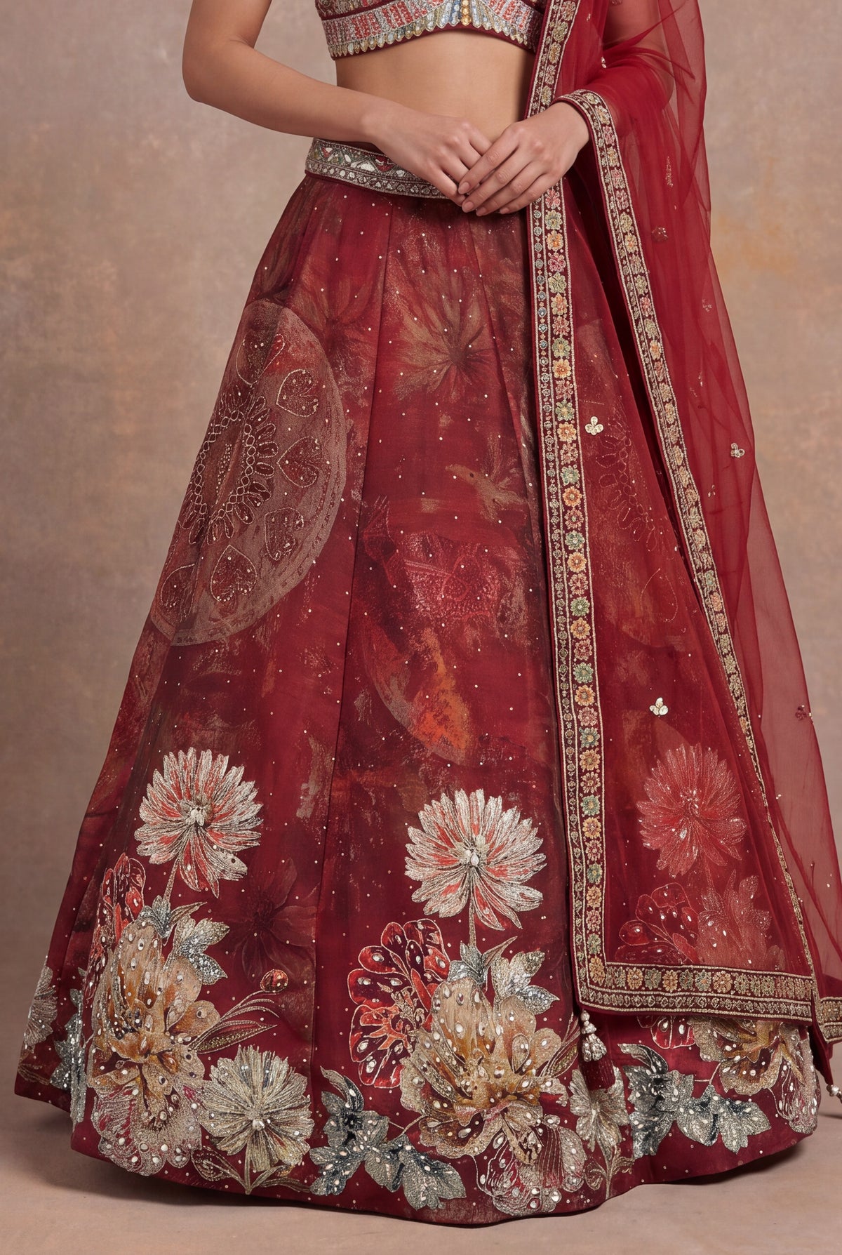 Deep Red Printed Silk Lehenga Set with Mirror Work - Mokshaa