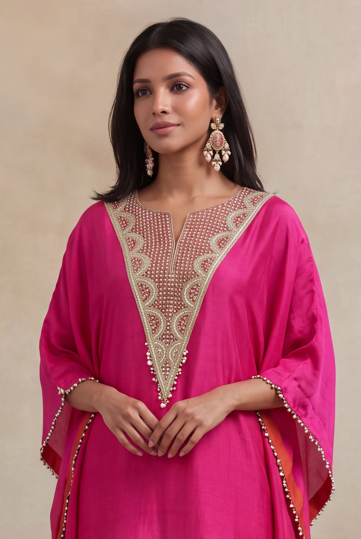 Pink & Orange Raw Silk Embellished Kaftan Set - Mokshaa