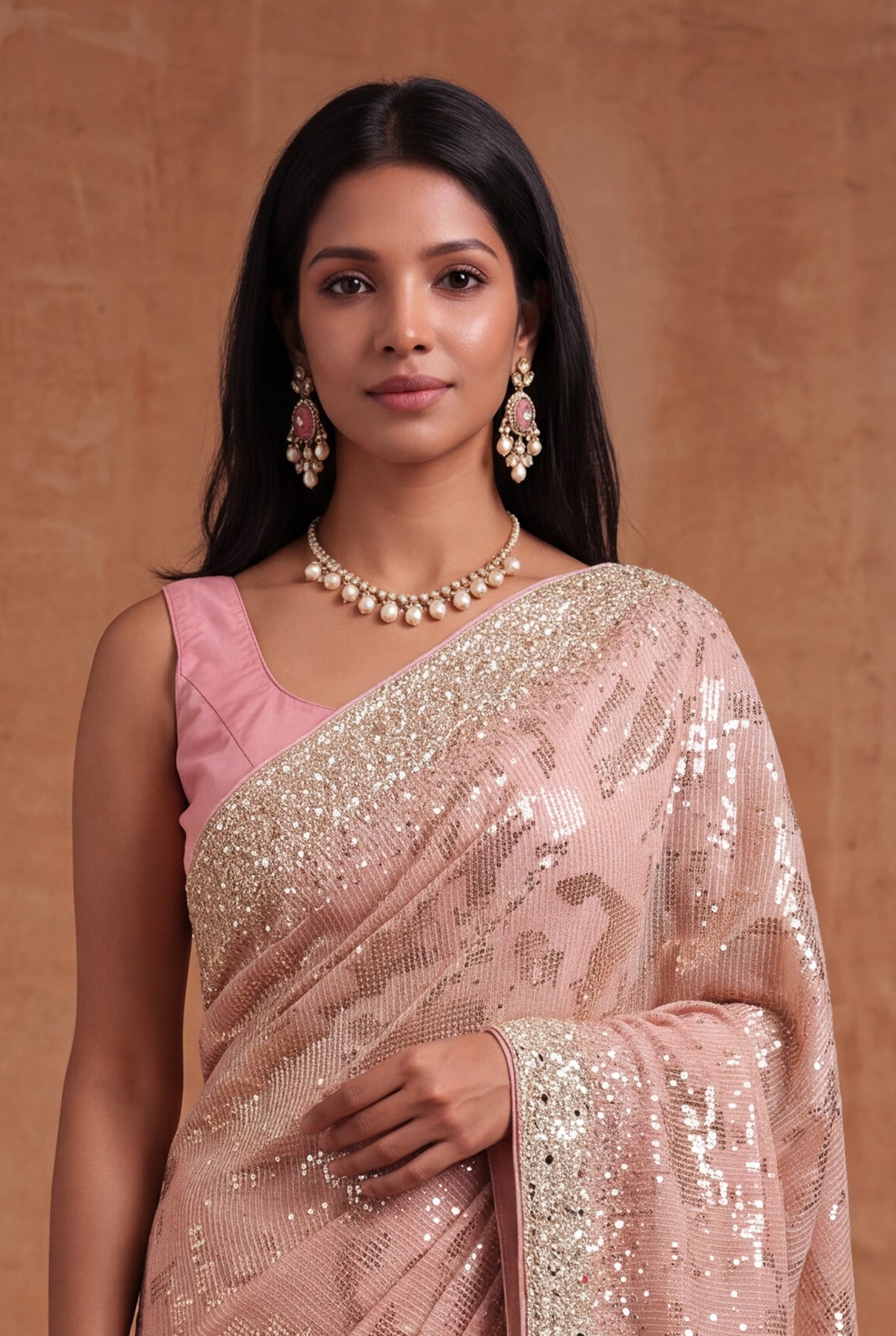 Peach Georgette Saree with Sequin & Mirror Work - Mokshaa