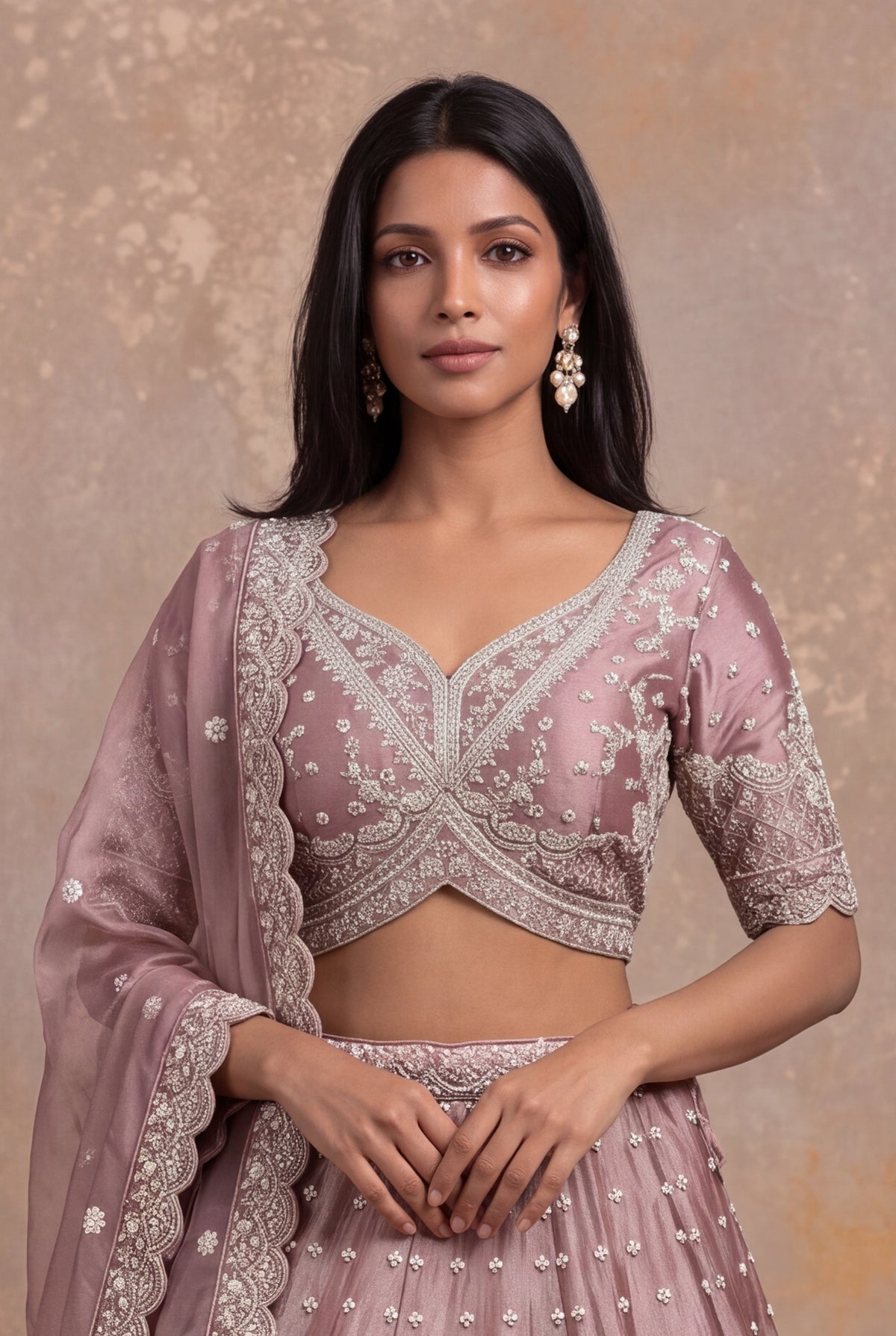 Dusty Rose Shimmer Organza Embroidered Lehenga - Mokshaa
