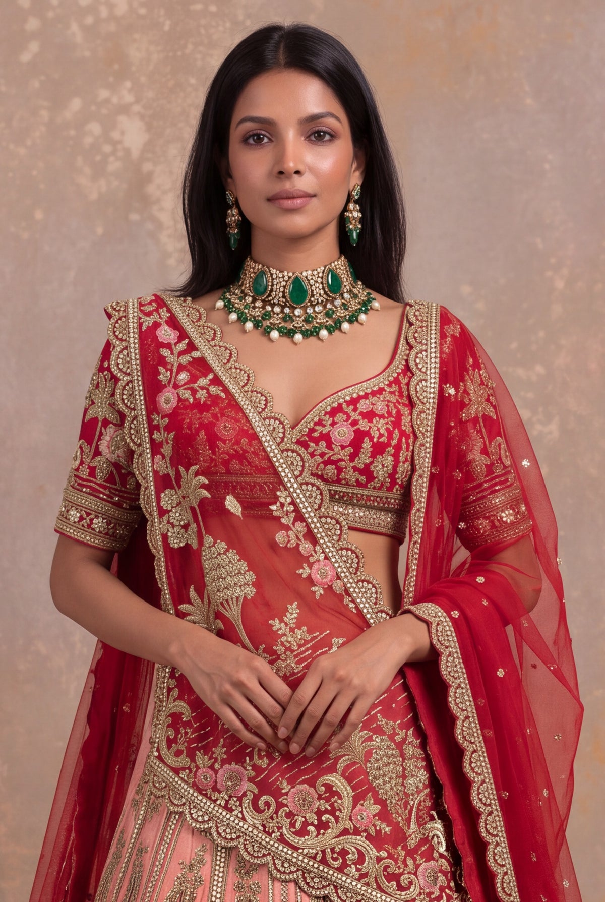Red & Peach Silk Bridal Lehenga - Mokshaa
