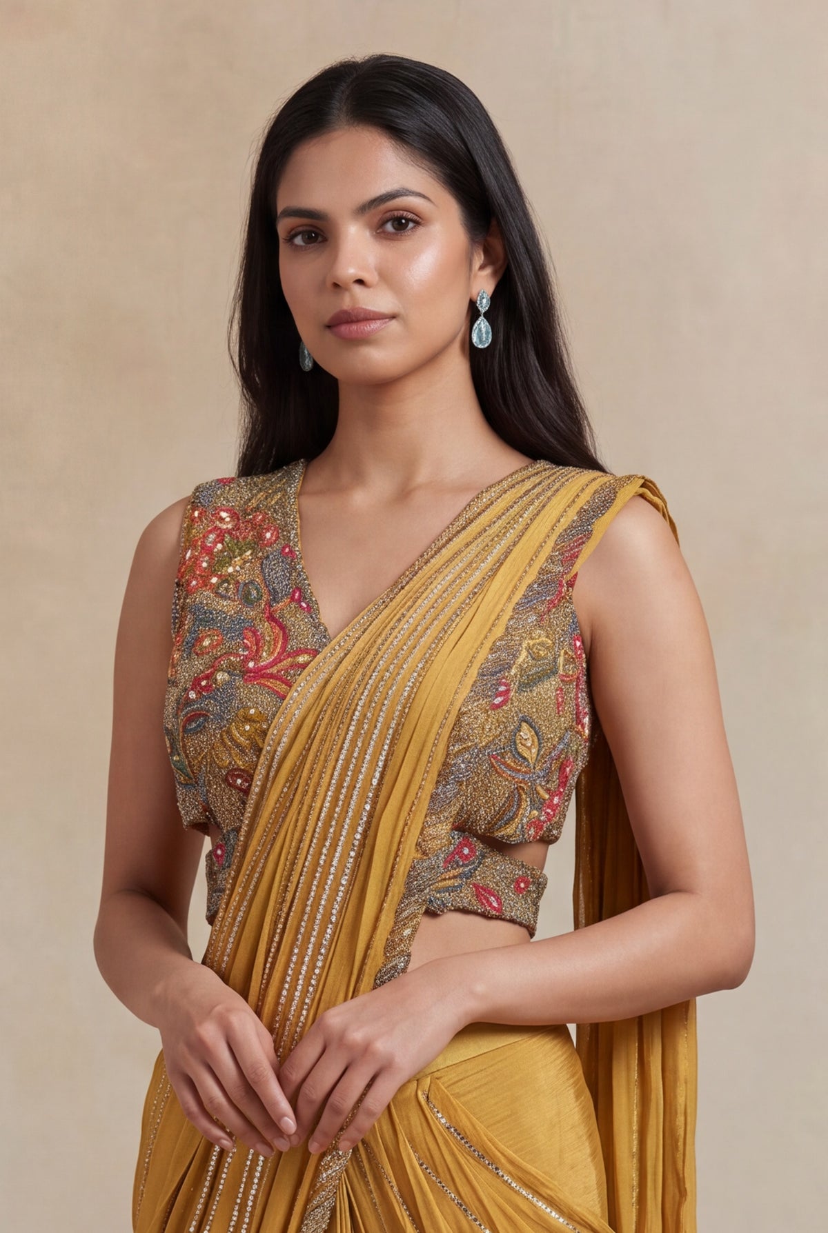 Mustard Yellow Draped Saree with Metallic Embroidered Blouse - Mokshaa
