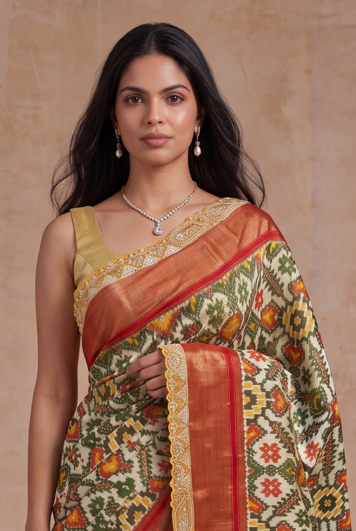 Cream Multicolor Ikat Tissue Silk Saree - Mokshaa